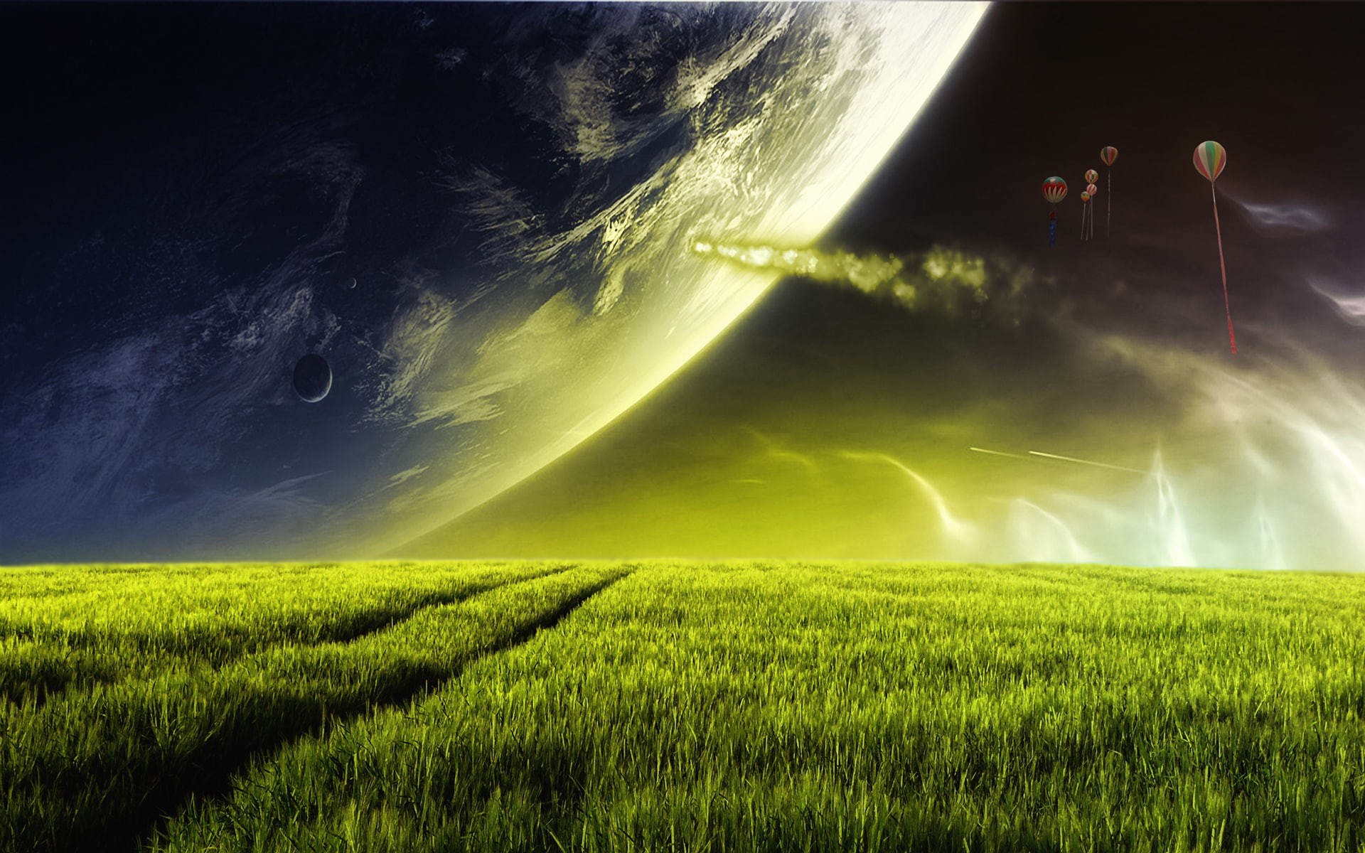 green, field, illustration, dreamy, 1080P, alien, planet, fantasy, hd, HD Wallpaper