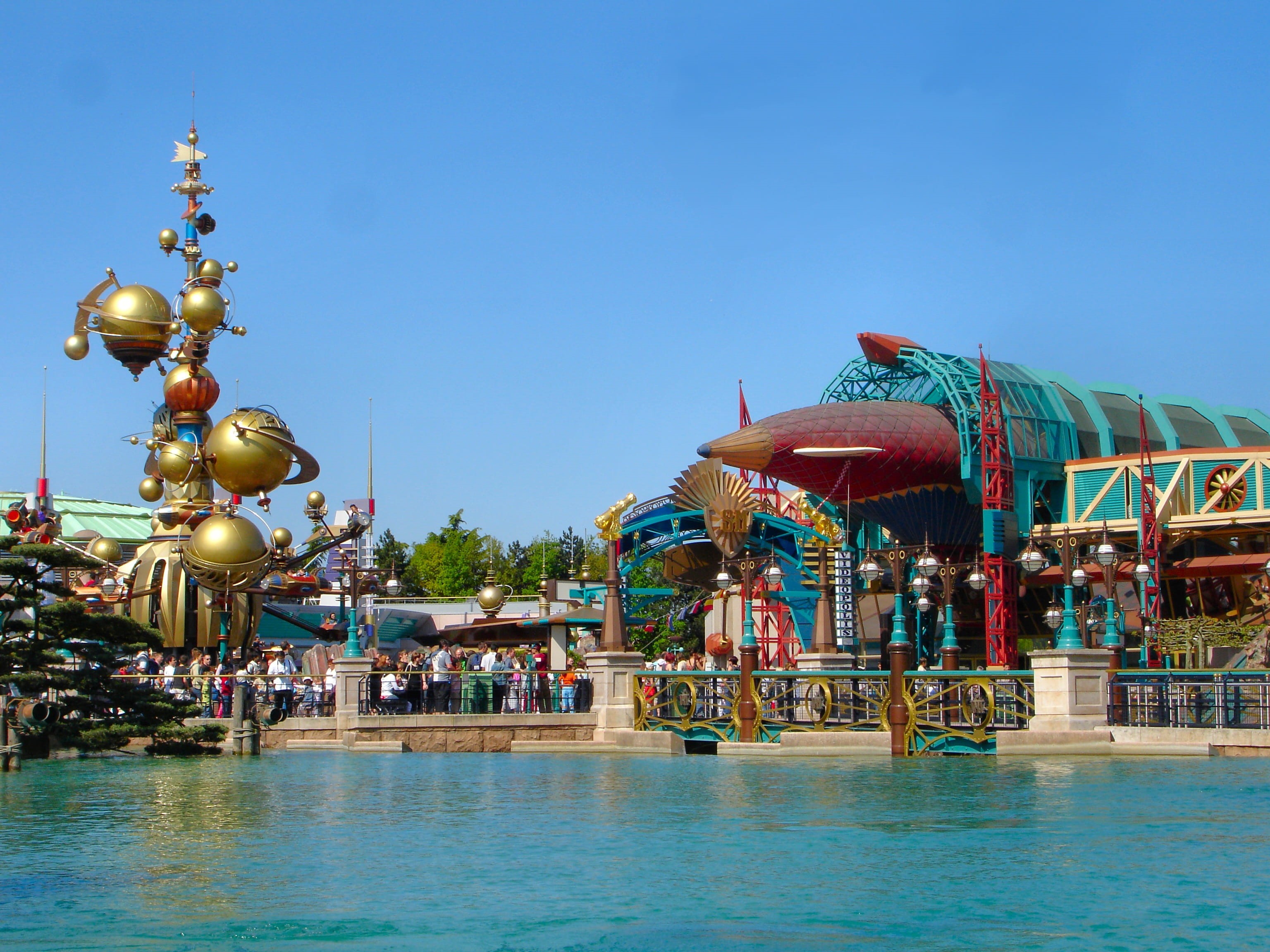 travel, religion, nature, swimming pool, amusement park, theme, clear sky, Paris, blue, disneyland, travel destinations, Disneyland, architecture, group of people, HD Wallpaper