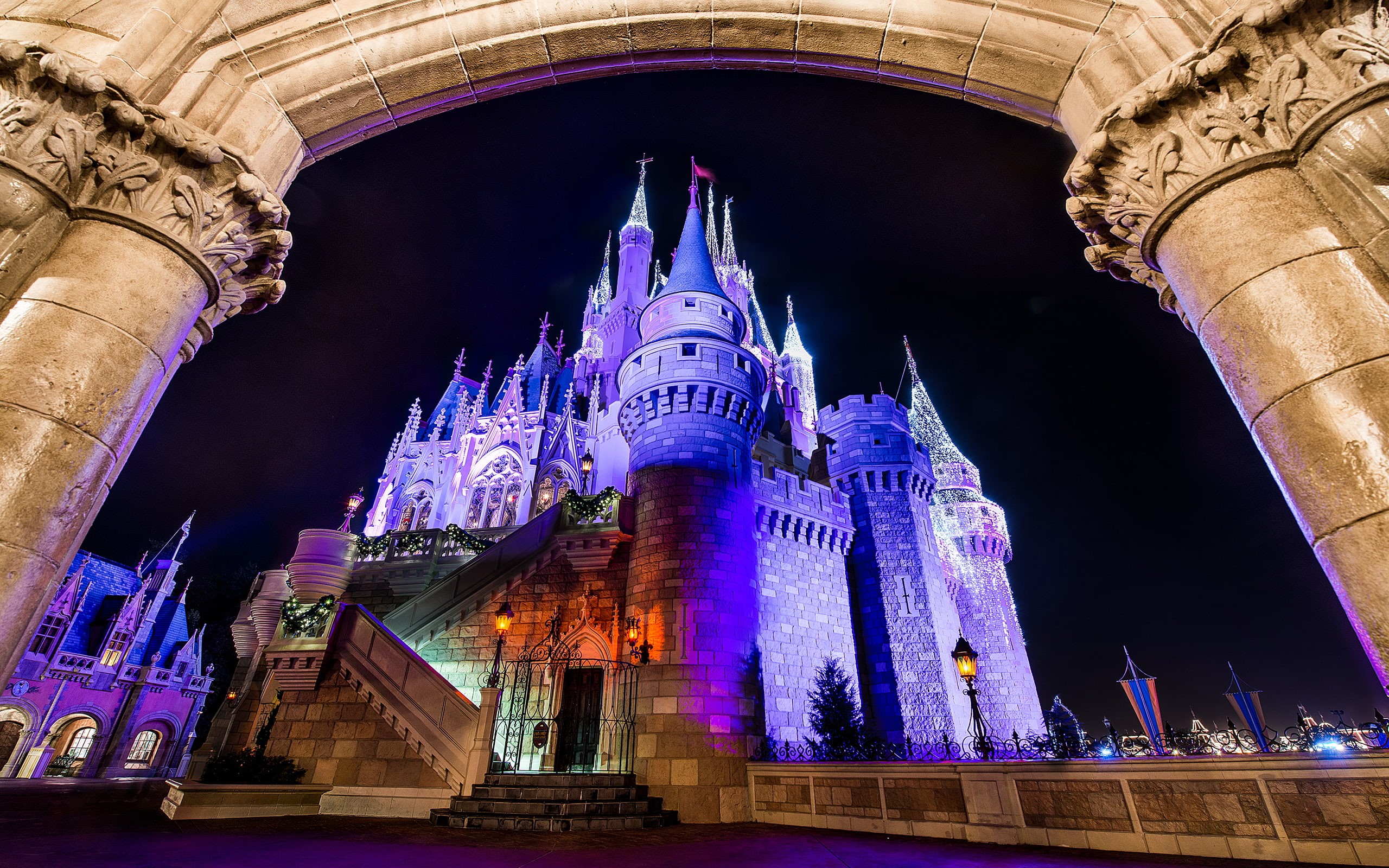 architecture, park, amusement, purple, disneyland, 2K, night, hd, castle, arch, HD Wallpaper
