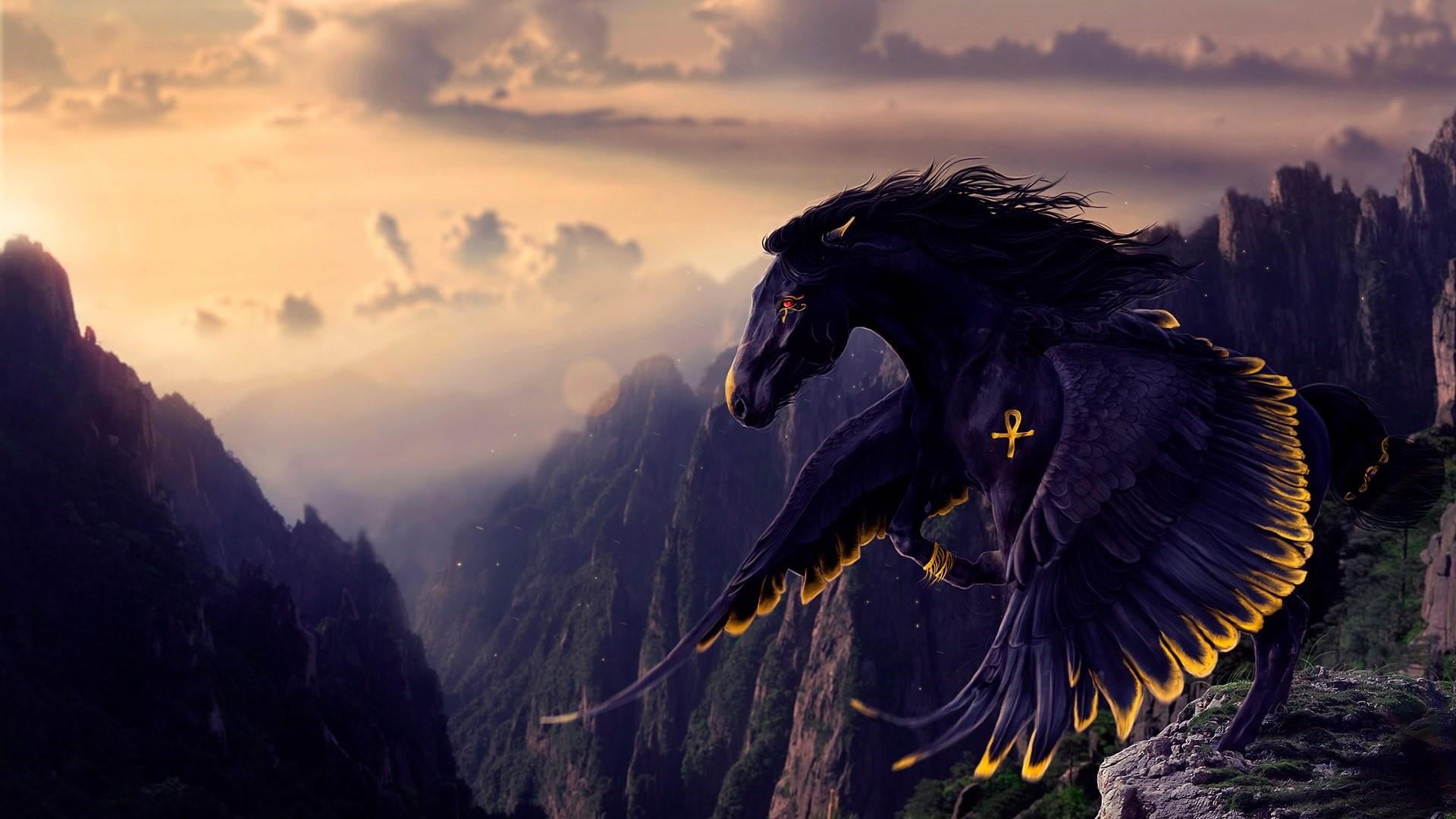 fantasy art, rock, 1080P, animal head, scenics - nature, rocky, mammal, sunset, domestic, sky, outdoors, mouth open, animal, domestic animals, black horse, HD Wallpaper