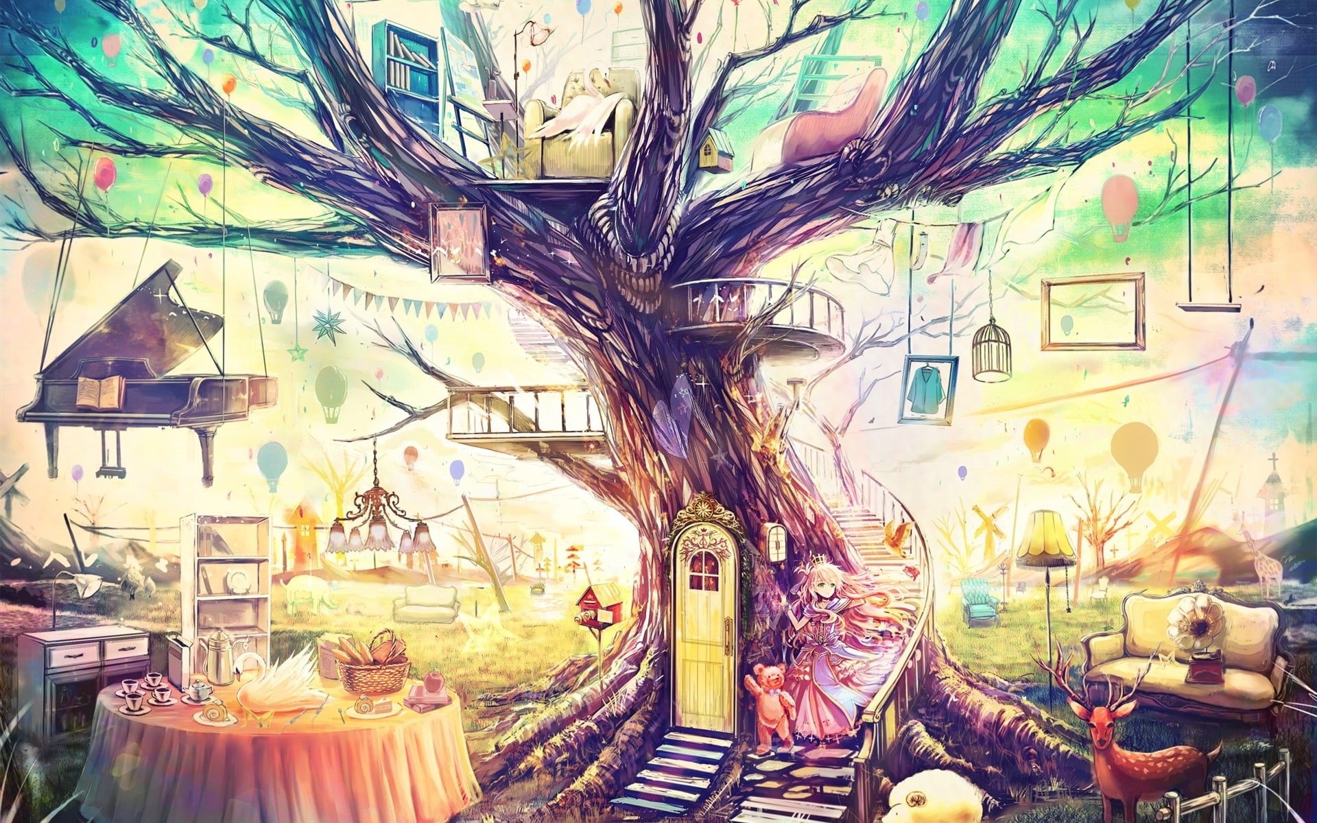 Toys, 1080P, Art, World, Tree, Painting, Magical, Fantasy, Sofa, House, Beautiful, HD Wallpaper
