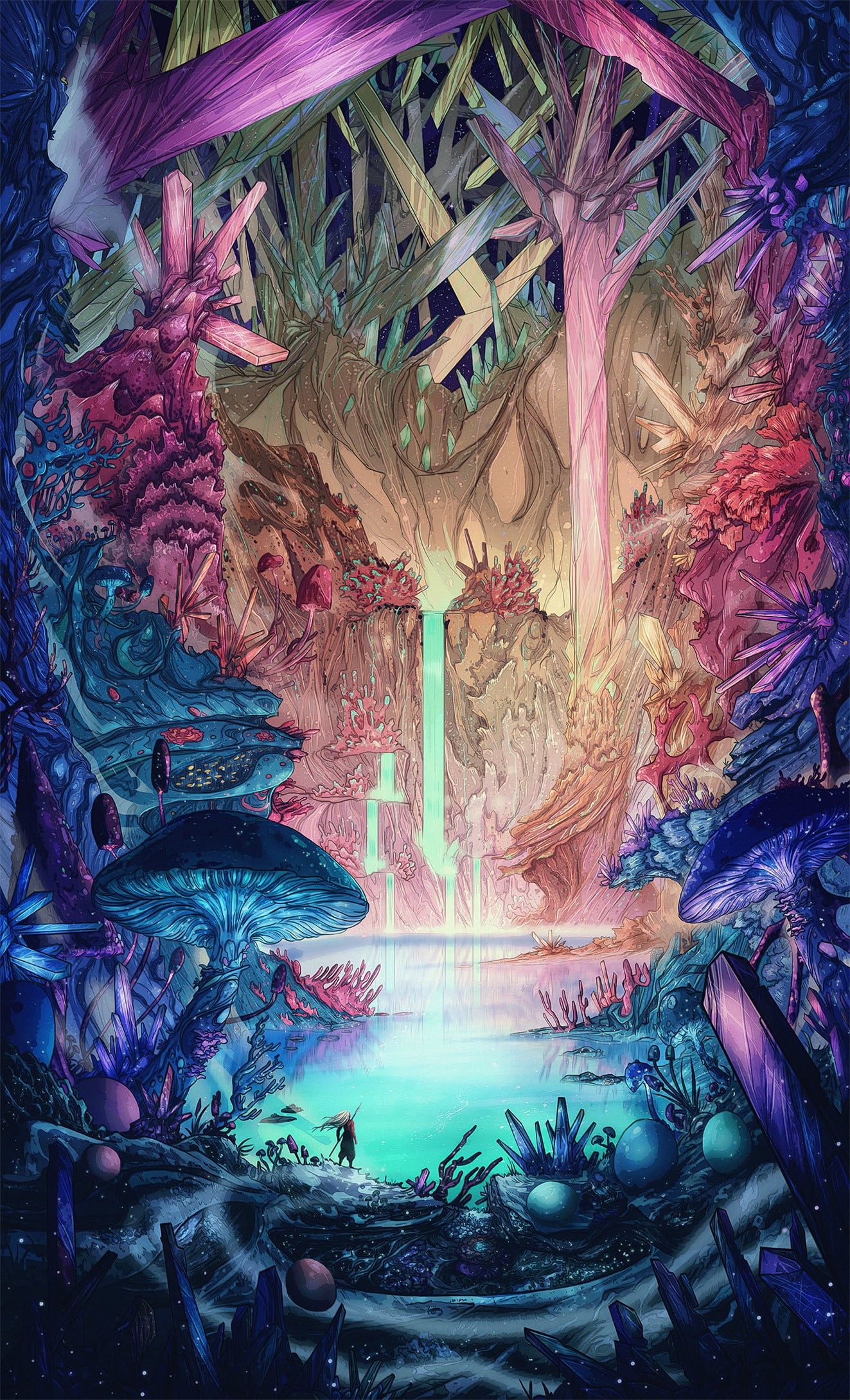 ceremony, spirituality, ceiling, ornate, mural, representation, multi colored, forest, building, colorful, mushroom, place of worship, waterfall, no people, Phone HD Wallpaper