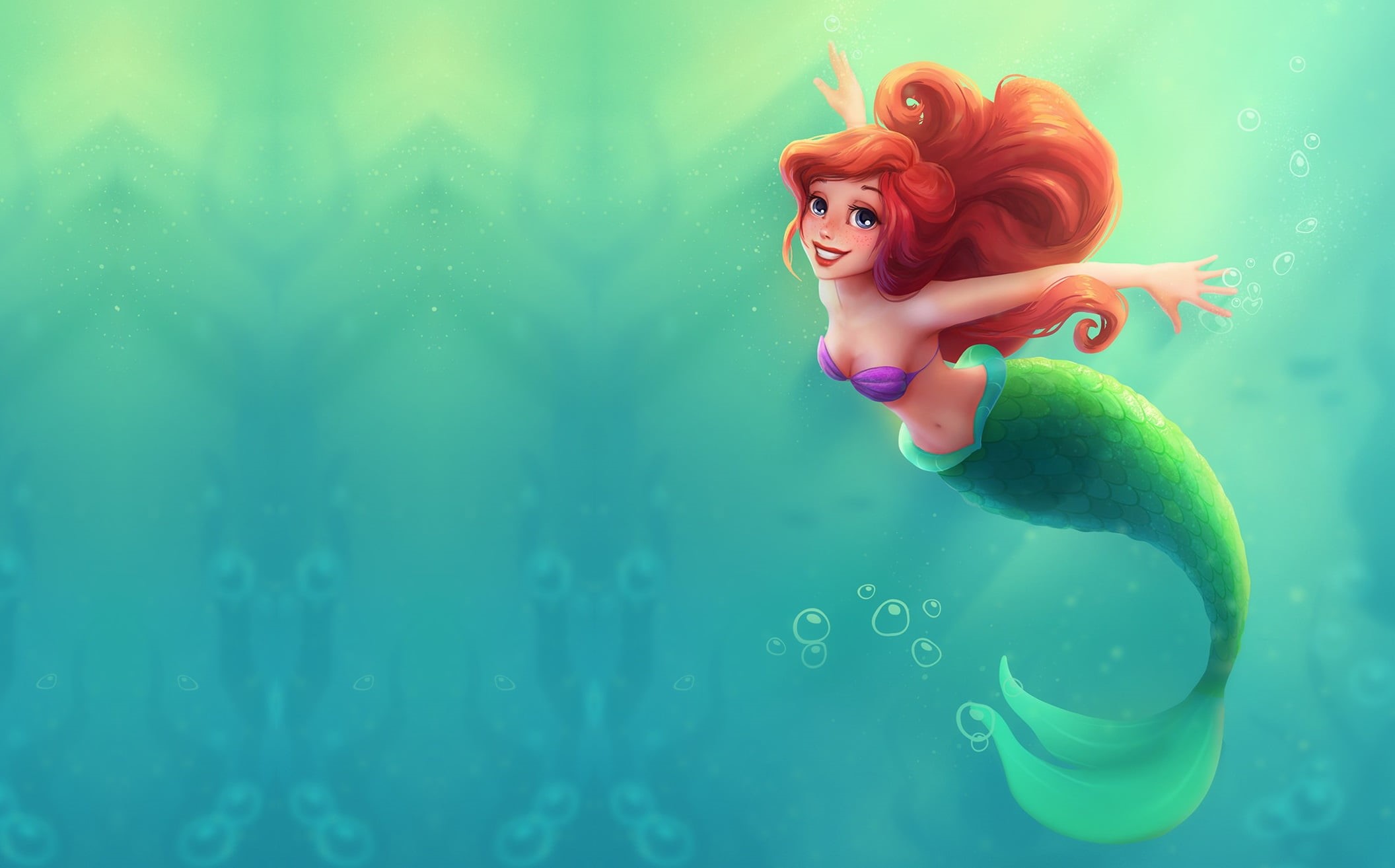 Ulyana Konichenkova, the little mermaid, art, 1080P, Ariel, ., Princess, Little mermaid, water, sea, cartoon, tale, HD Wallpaper