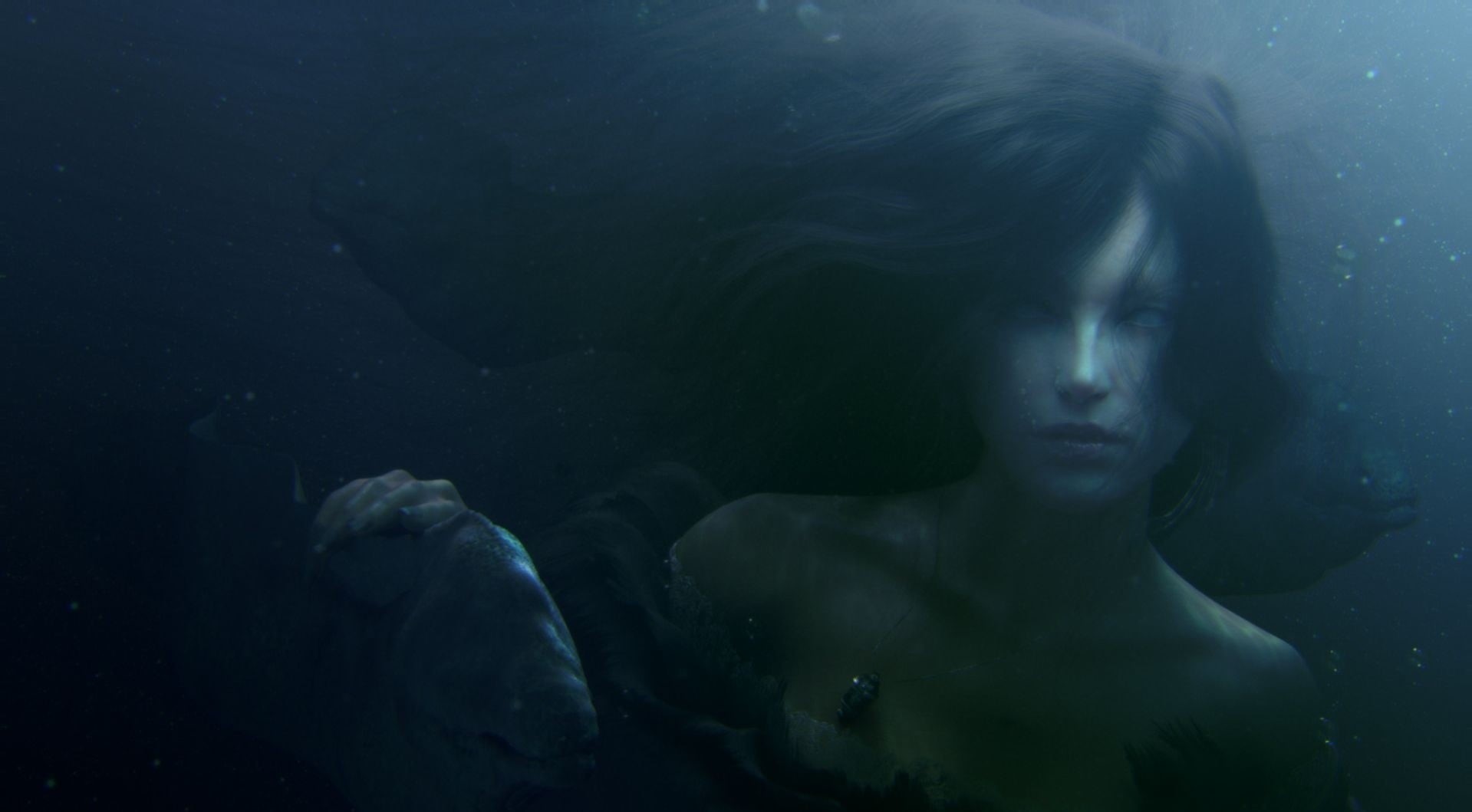black, sea, portrait, beautiful woman, contemplation, young women, artwork, sadness, underwater, front view, women, dark, 720P, s, headshot, night, mermaids, HD Wallpaper