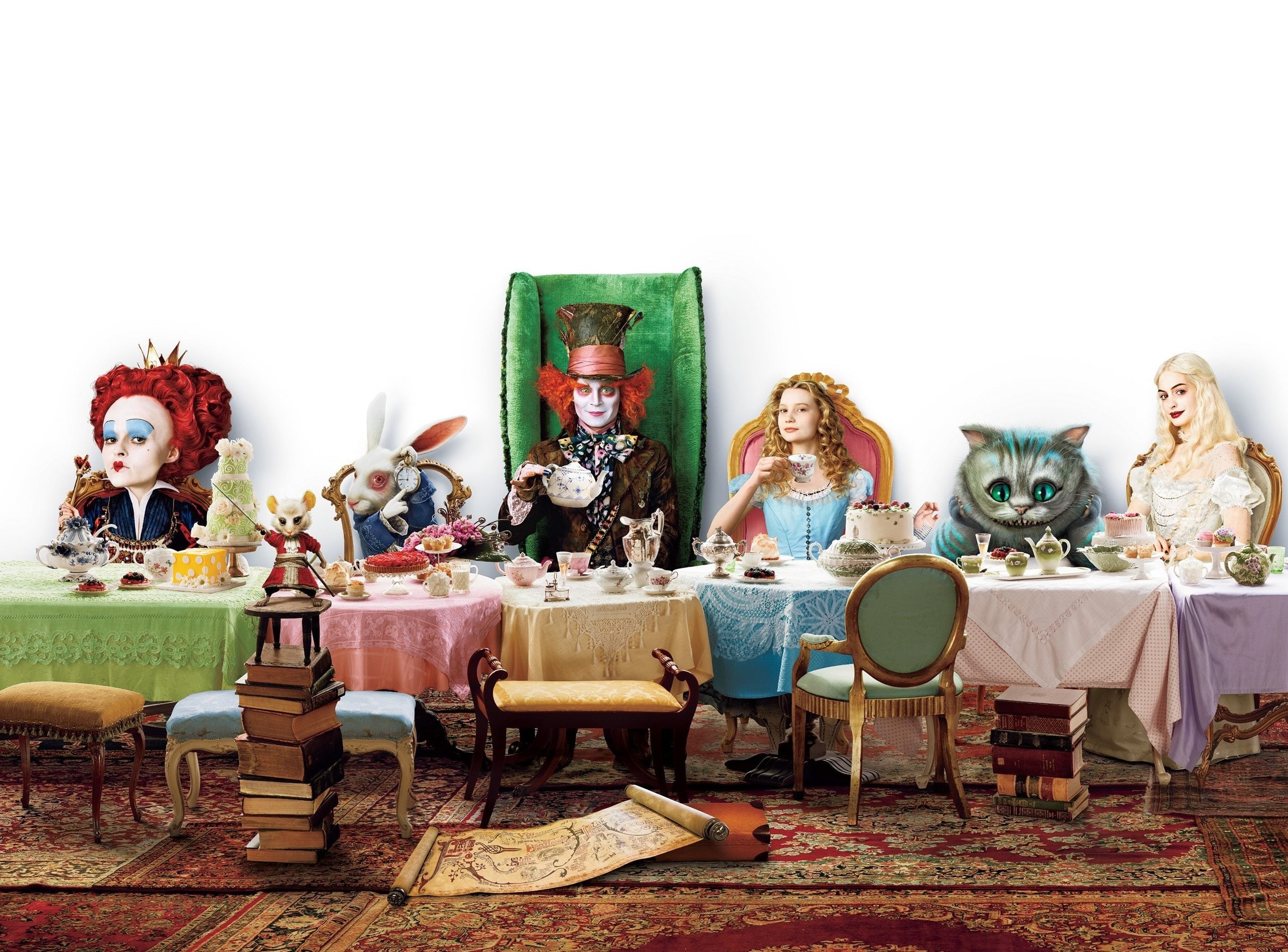 2010 movie, figurine, toy, group of objects, alice, female likeness, wonderland, art and craft, large group of objects, 2K, variation, chair, HD Wallpaper