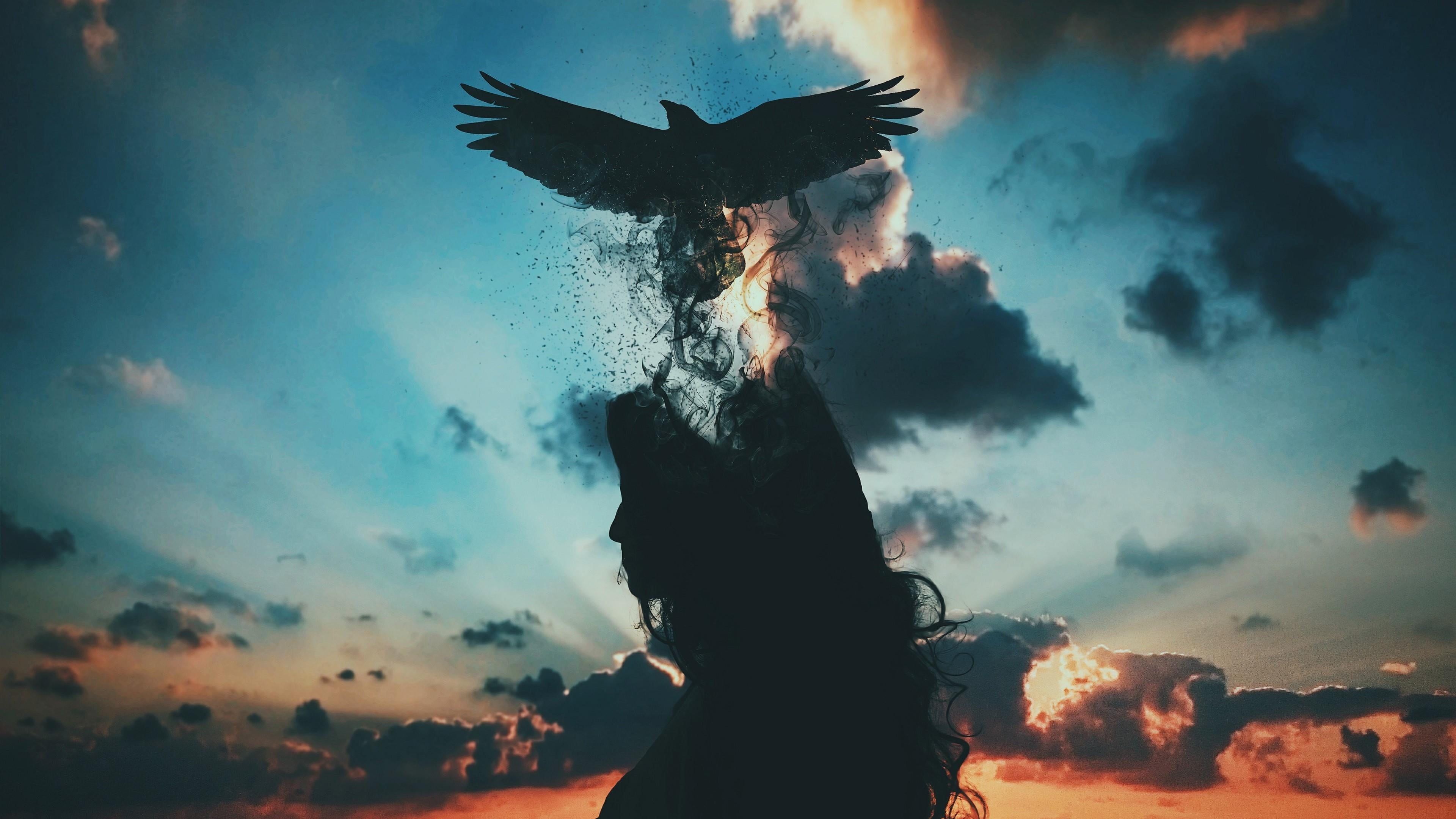 outdoors, 4K, waist up, silhouette, fantasy art, side view, dream, leisure activity, nature, evening, graphic design, sky, sunset, phenomenon, motion, HD Wallpaper