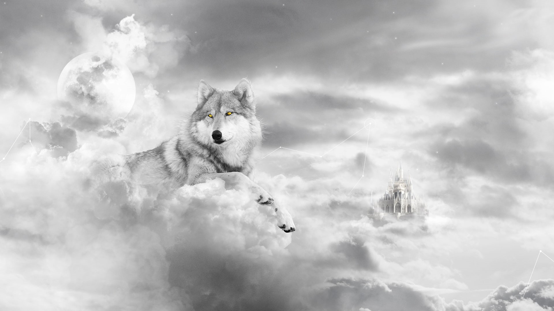 castle, mythical, sky, wolf, digital, clouds, art, animals, CG, Surreal, mystical, 1080P, fur, dream, light, fantasy, sun, wolves, face, Moon, psychedelic, HD Wallpaper