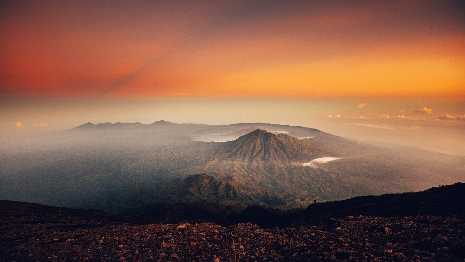 aerial, nature, physical geography, volcanic crater, mist, morning, golden, environment, mountain, travel, land, landscape, power in nature, outdoors, sky, HD Wallpaper