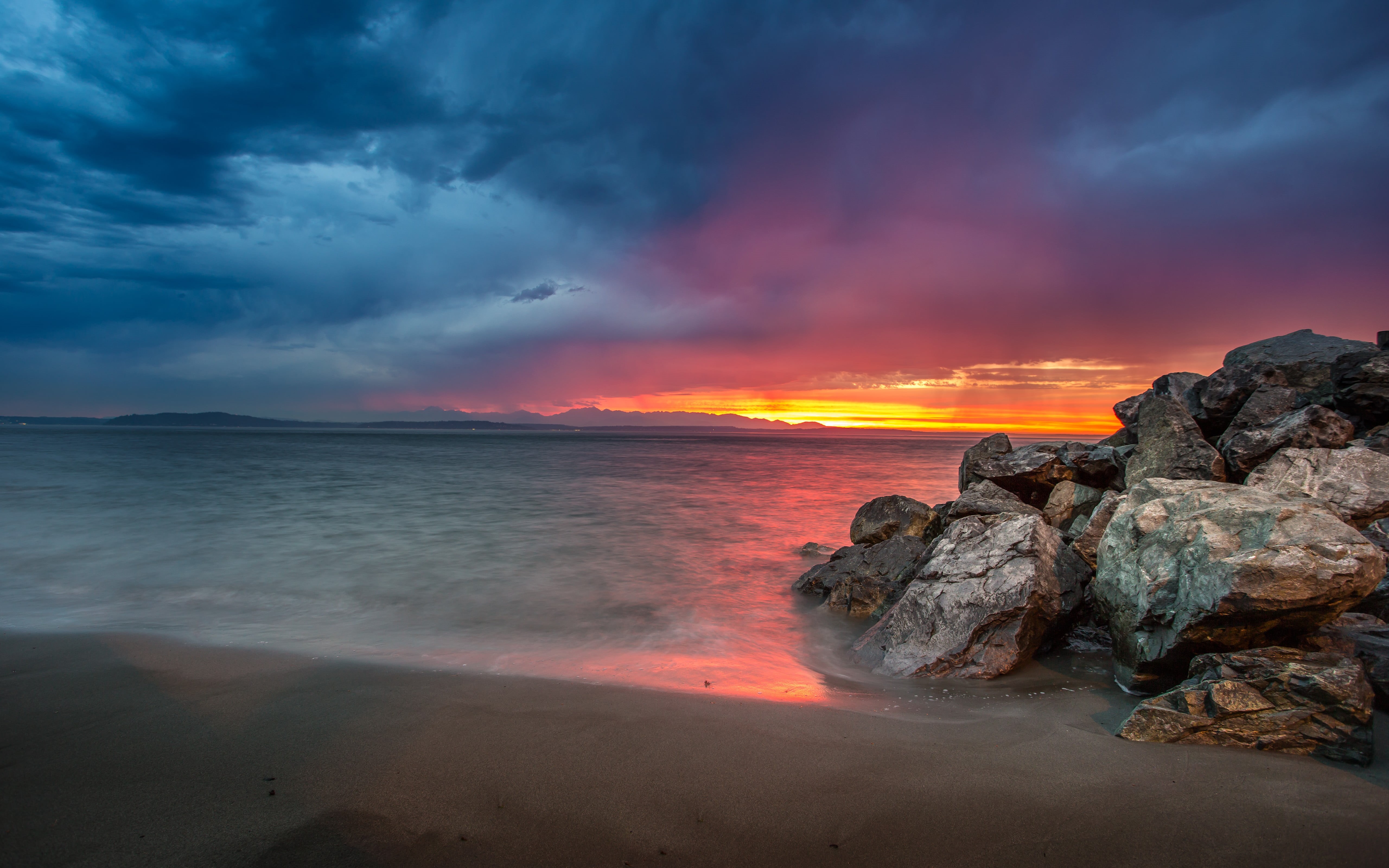 cloud - sky, beach, beauty in nature, tranquility, sunset, hour, rock, sea, horizon over water, 5K, sky, nature, rock - object, tranquil scene, land, photograph, HD Wallpaper