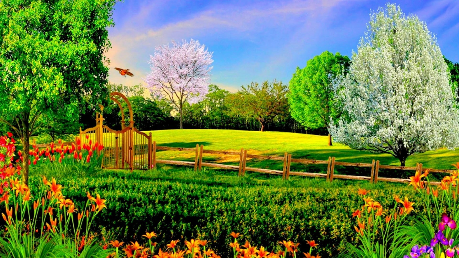 nature, 1080P, grass, meadow, illustration, garden, wildflower, blossom, sky, grassland, fence, landscape, flower, spring, field, artwork, trees, tree, HD Wallpaper