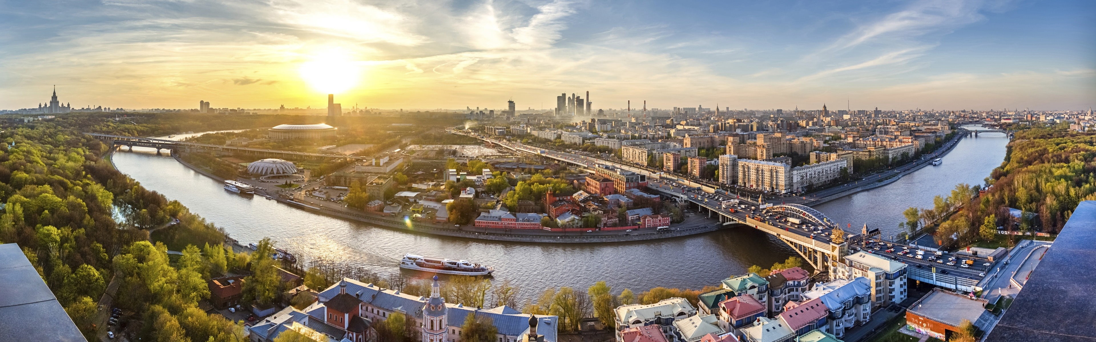 Downtown, Buildings, Russia, Bridge, Sunset, River, 4K, Moscow, HD Wallpaper