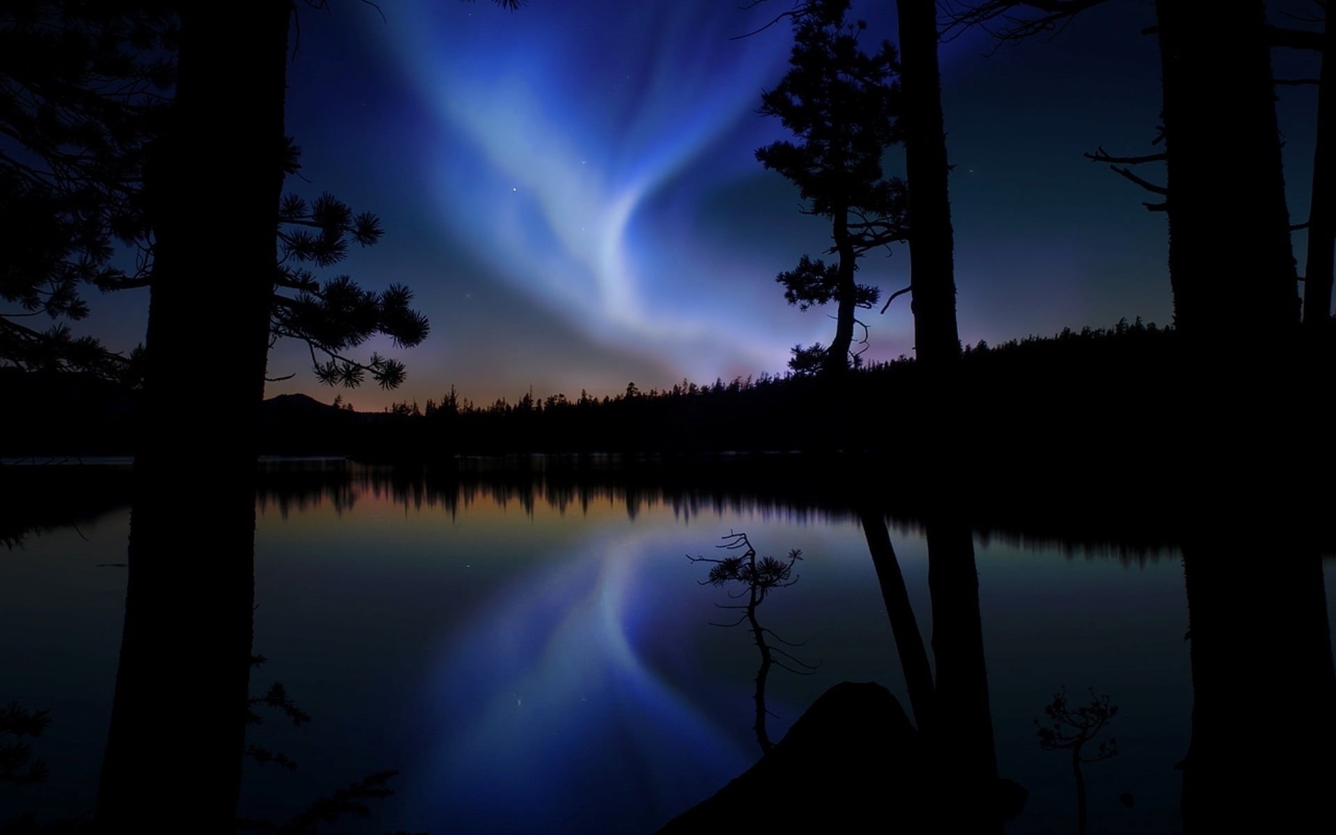 no People, polar, blue, 1080P, canada, summer, nature, dark, dusk, reflection, sunset, reflection lake, tranquil Scene, beauty In Nature, night, silhouette, HD Wallpaper