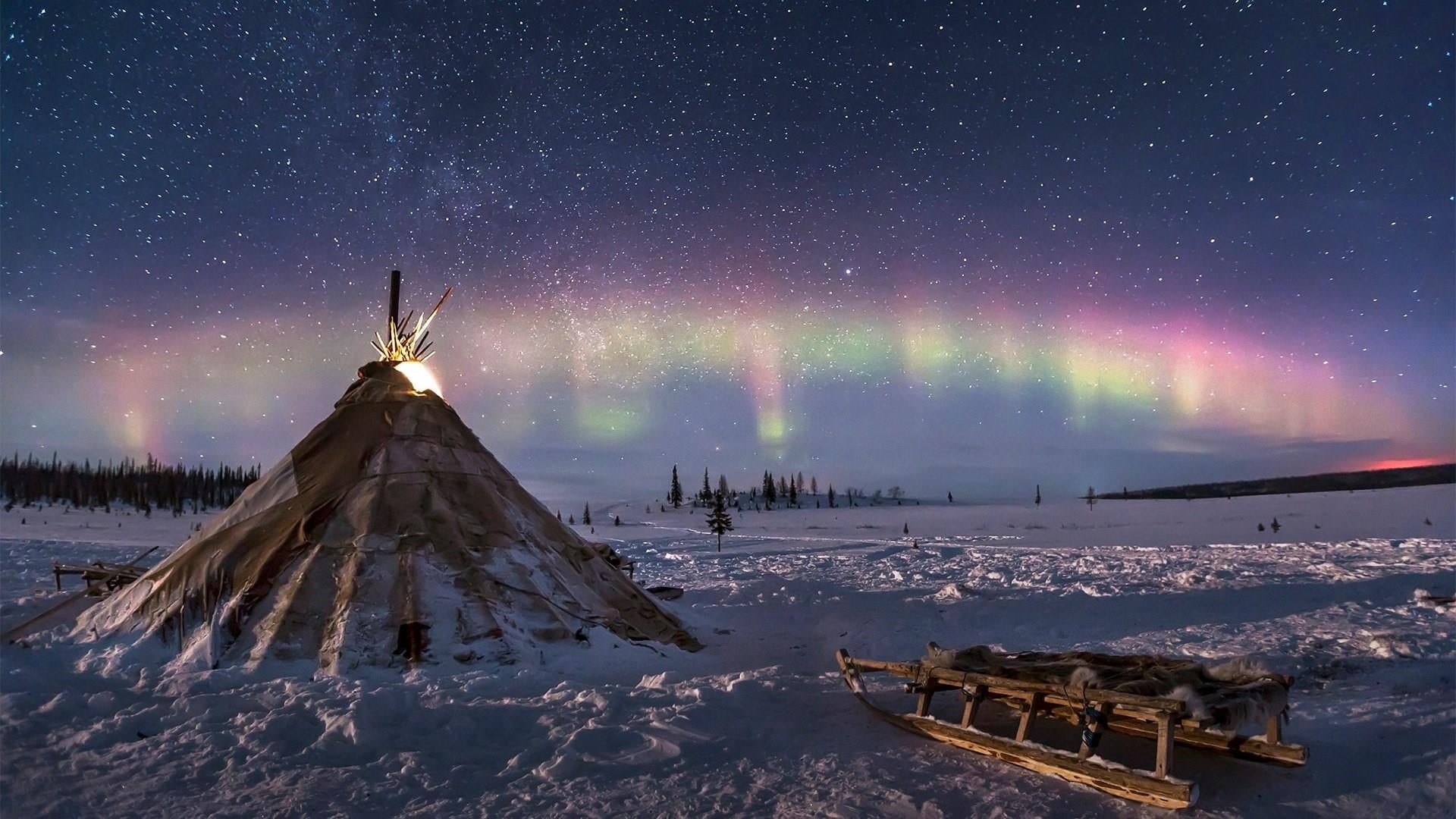 phenomenon, 1080P, tent, polar lights, mountain, illuminated, starry sky, sled, snowcapped mountain, nomad, sledge, frozen, northern lights, landscape, HD Wallpaper
