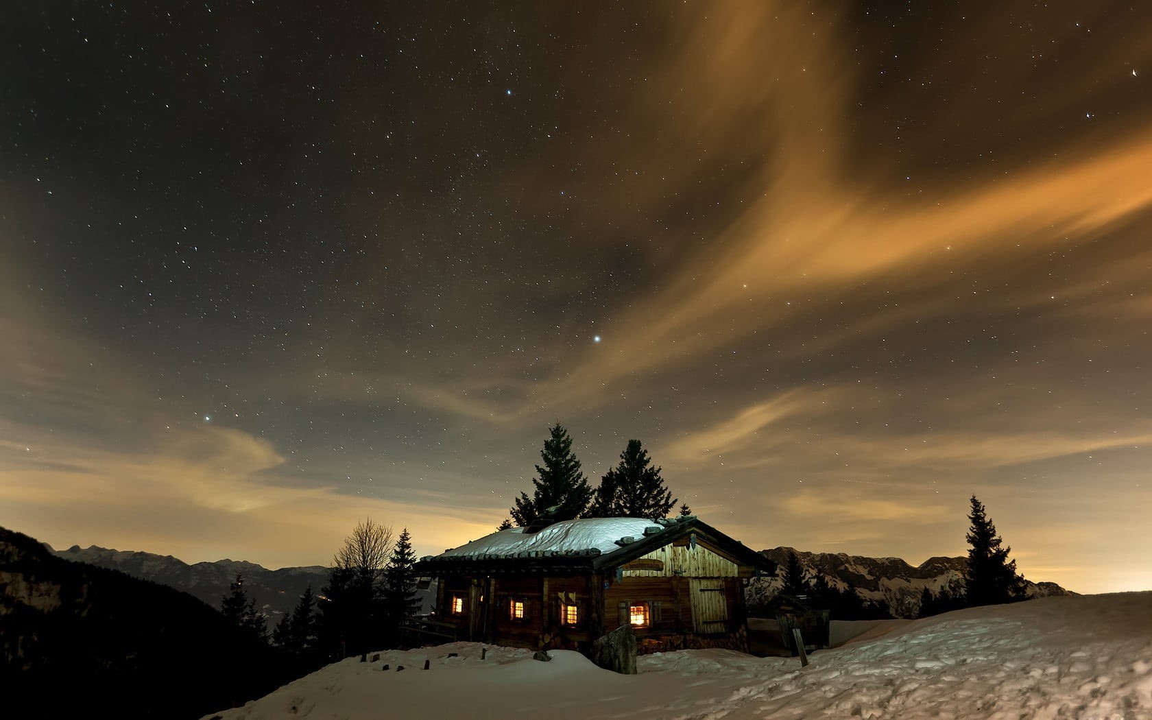building exterior, cold temperature, cabin, brown, 720P, tranquility, tranquil scene, outdoors, beauty in nature, star - space, nature, snowcapped mountain, HD Wallpaper
