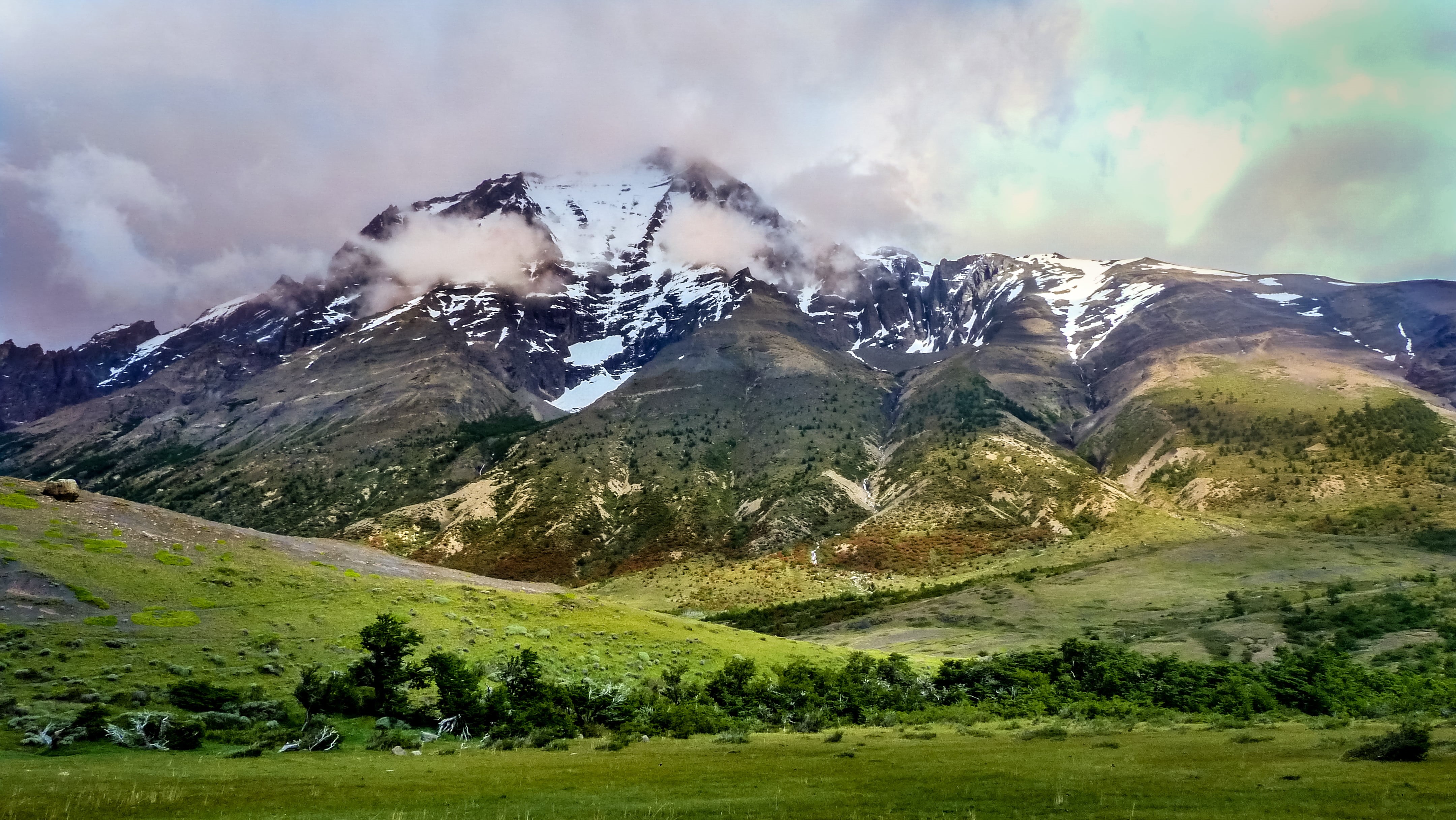 landscape photography, fields, photography, grass, south america, color, wild, landscape, clouds, nature, mountain Peak, cold, covered, las torres, range, HD Wallpaper