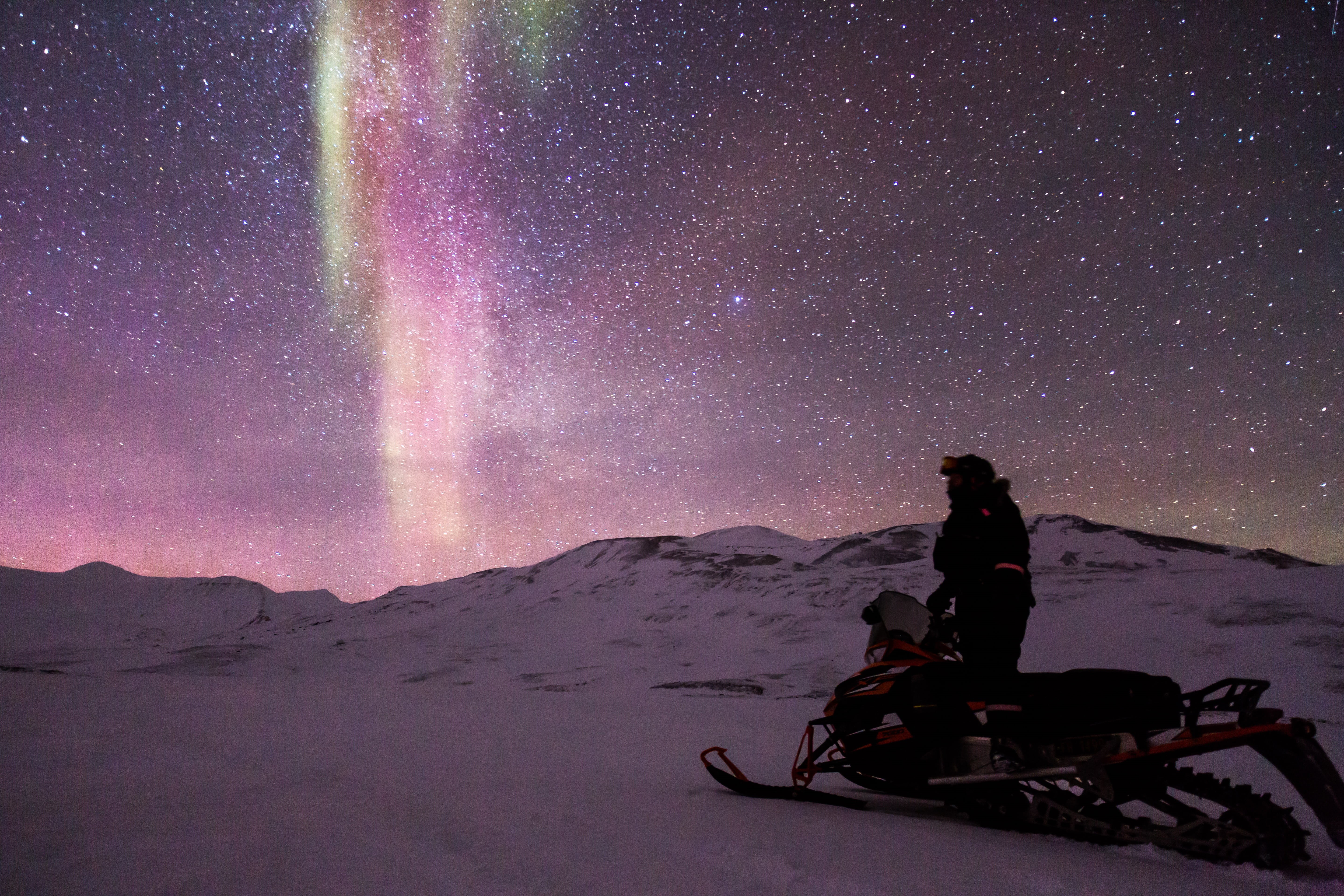 riding, night, person, aurora, scenics - nature, leisure activity, astronomy, northen light, stars, galaxy, real people, arctic, winter, snow, auroras, HD Wallpaper
