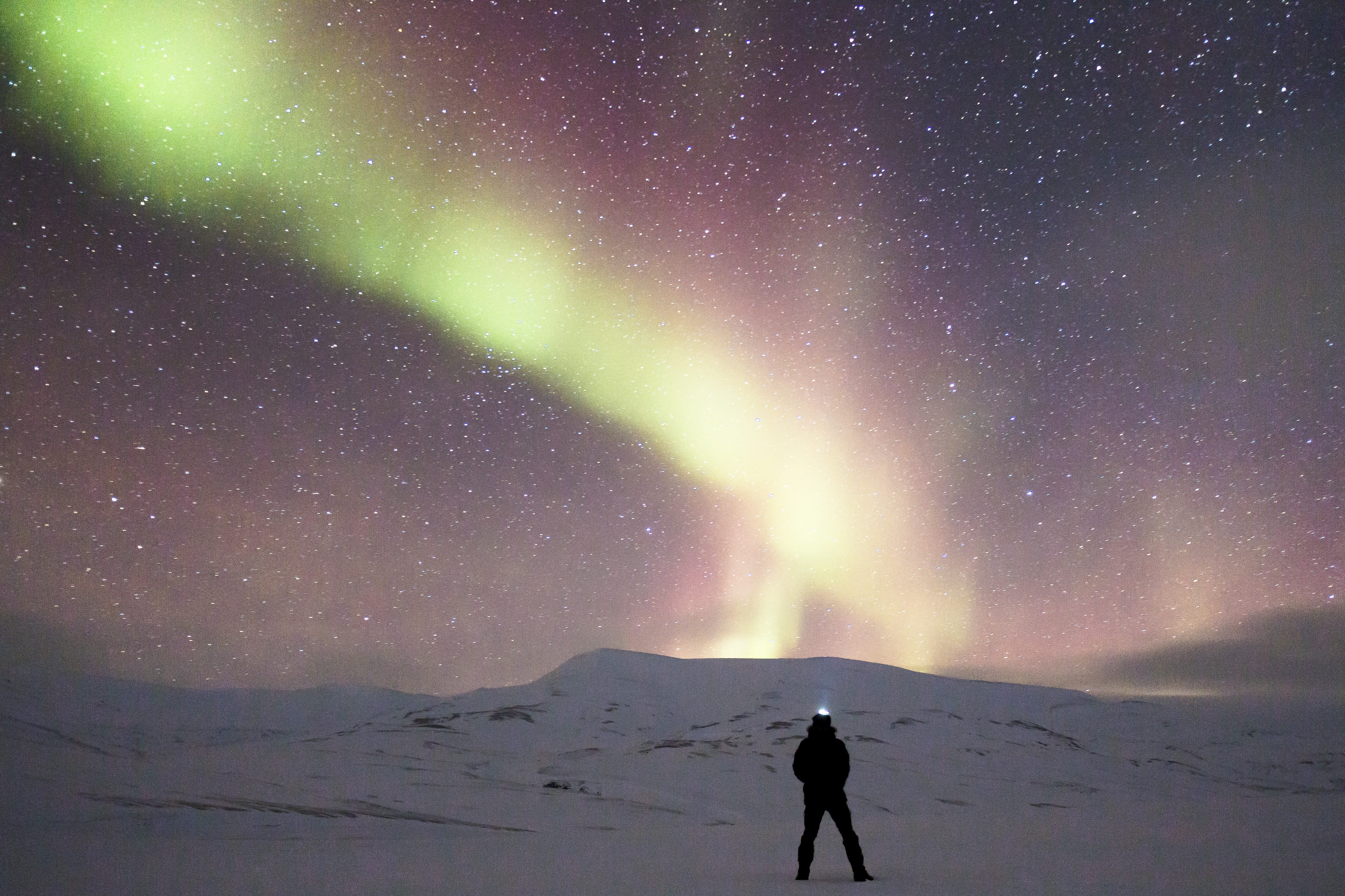 background, Aurora, field, lights, polar lights, snowy landscape, adventure, magical night, mountain, one person, sky, star - Space, 5K, mountain range, HD Wallpaper