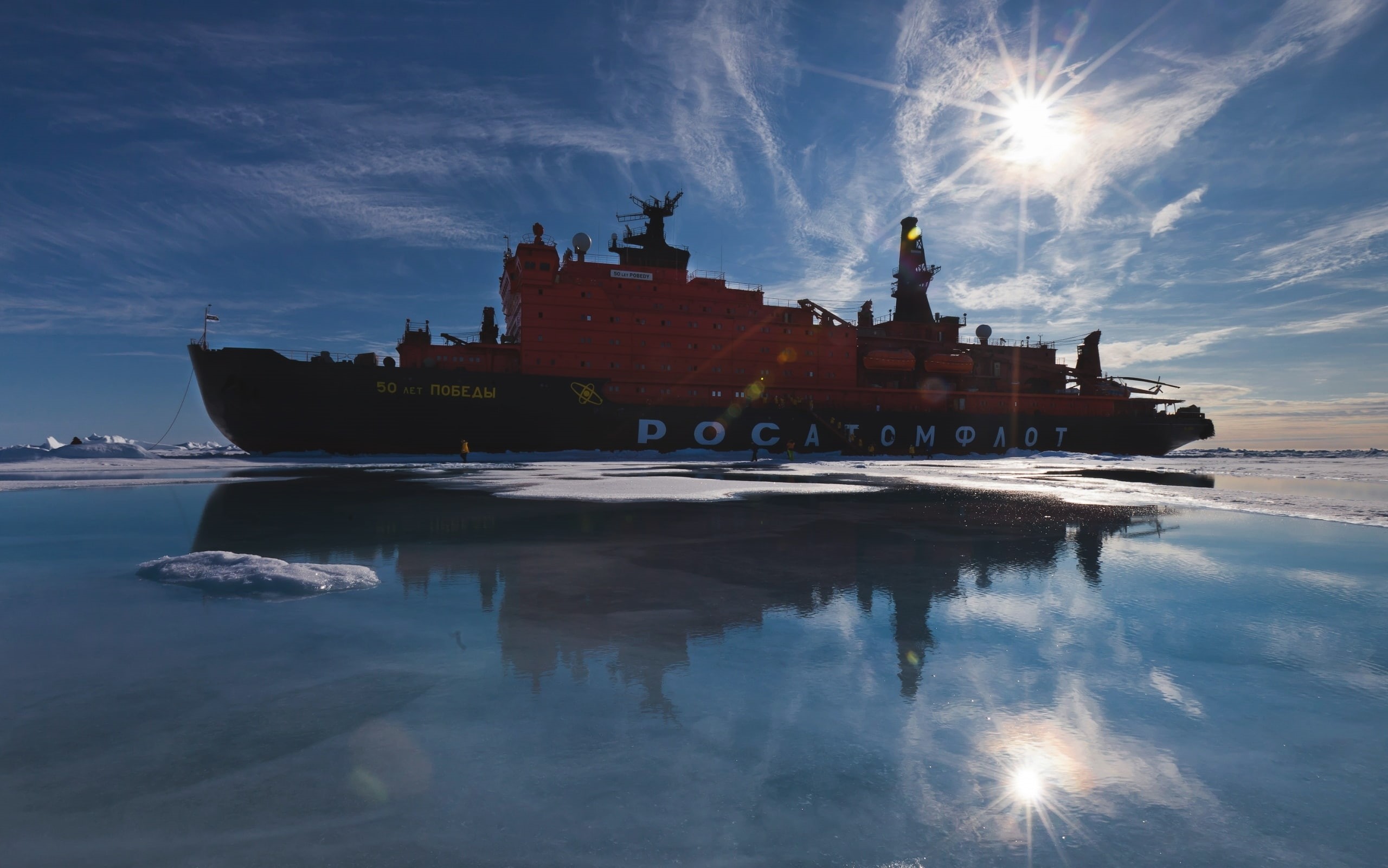 sky, 2K, blue, Nuclear-powered icebreaker, ship, sea, reflection, vehicle, HD Wallpaper