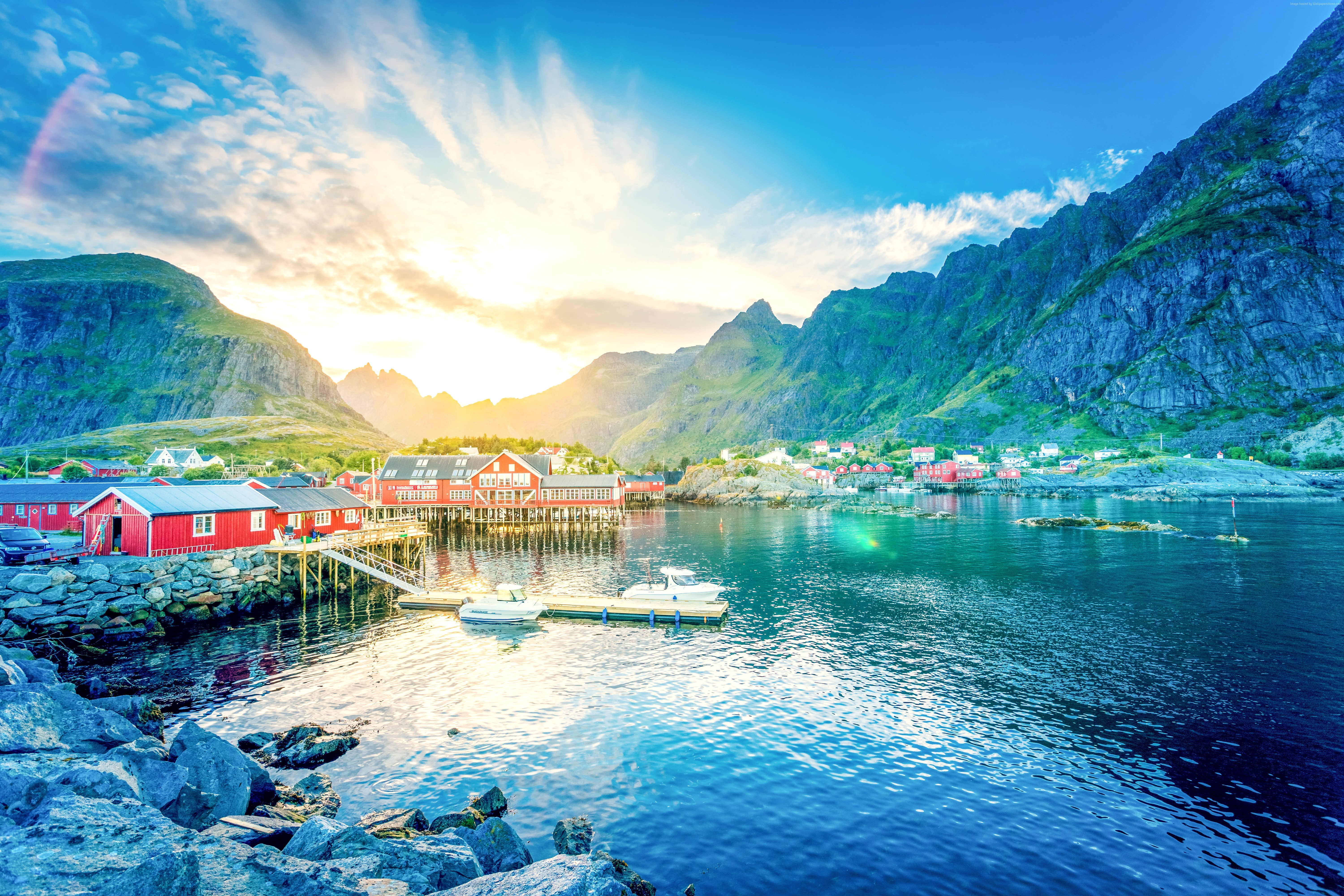 house, lake, 5k, mountains, 8k, Lofoten, 5K, 4k, Norway, HD Wallpaper