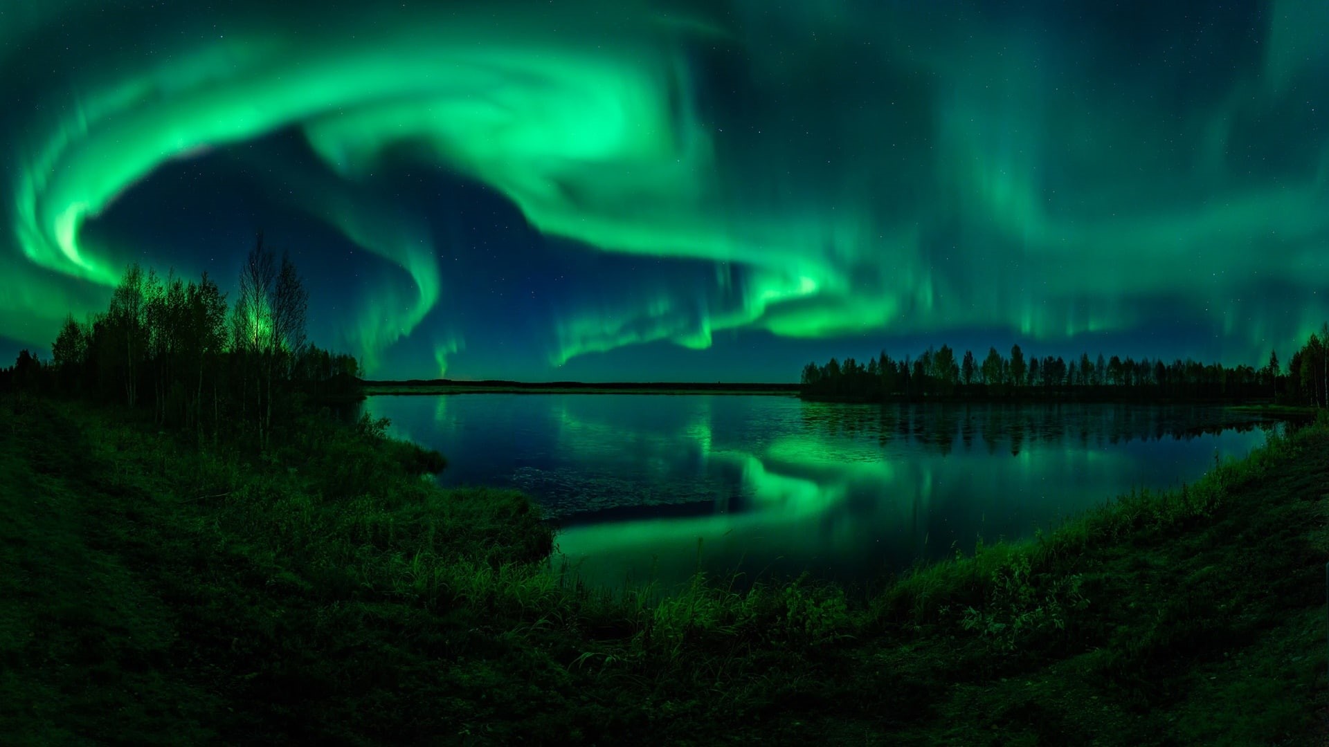 aurora borealis, polar lights, night sky, night lights, landscape, 1080P, reflection, HD Wallpaper