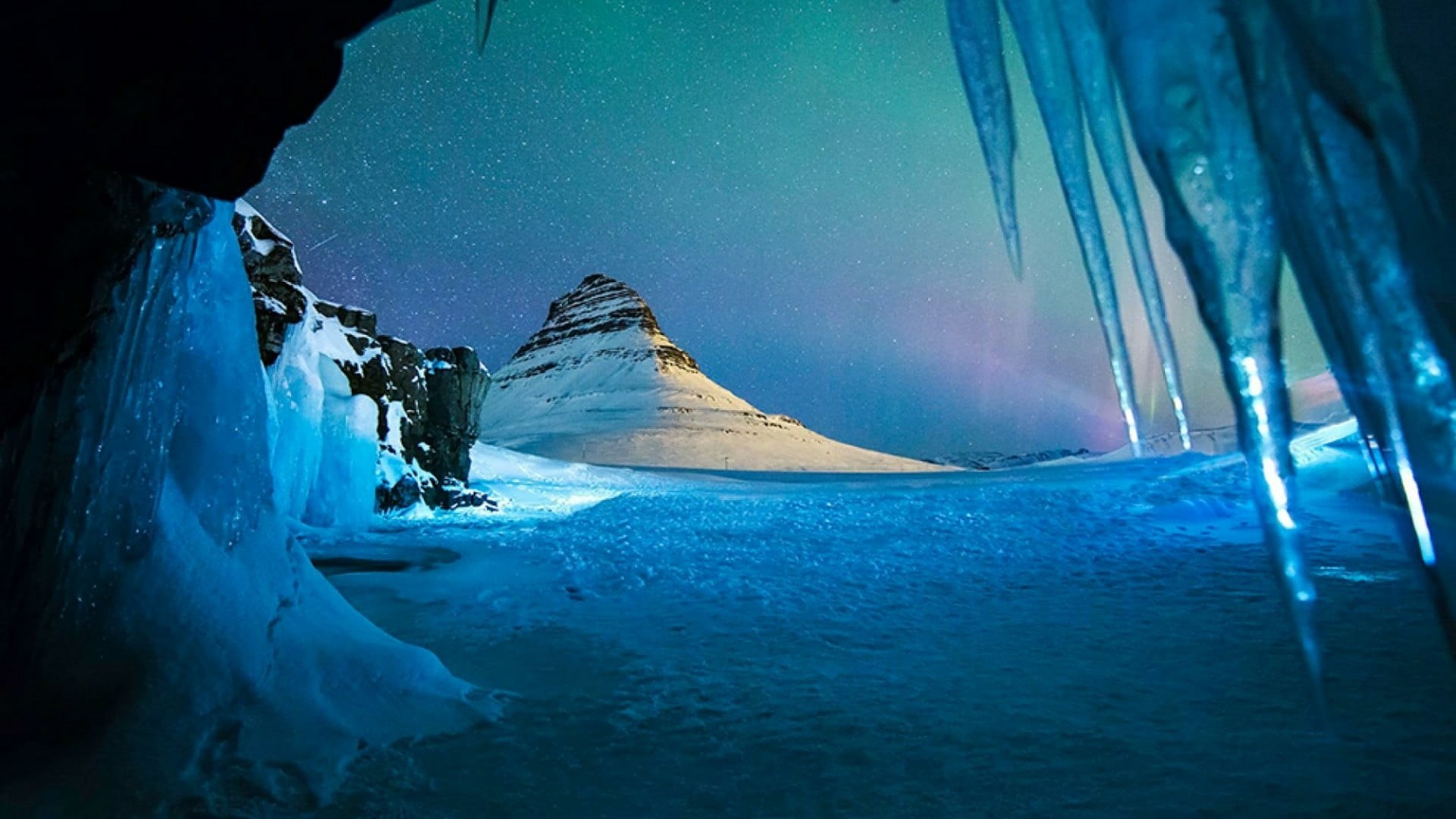 sport, winter, snowcapped mountain, tranquil scene, sky, tranquility, blue, night, cave, iceland, light, kirkjufell, mountain, icicle, landscape, beauty in nature, HD Wallpaper