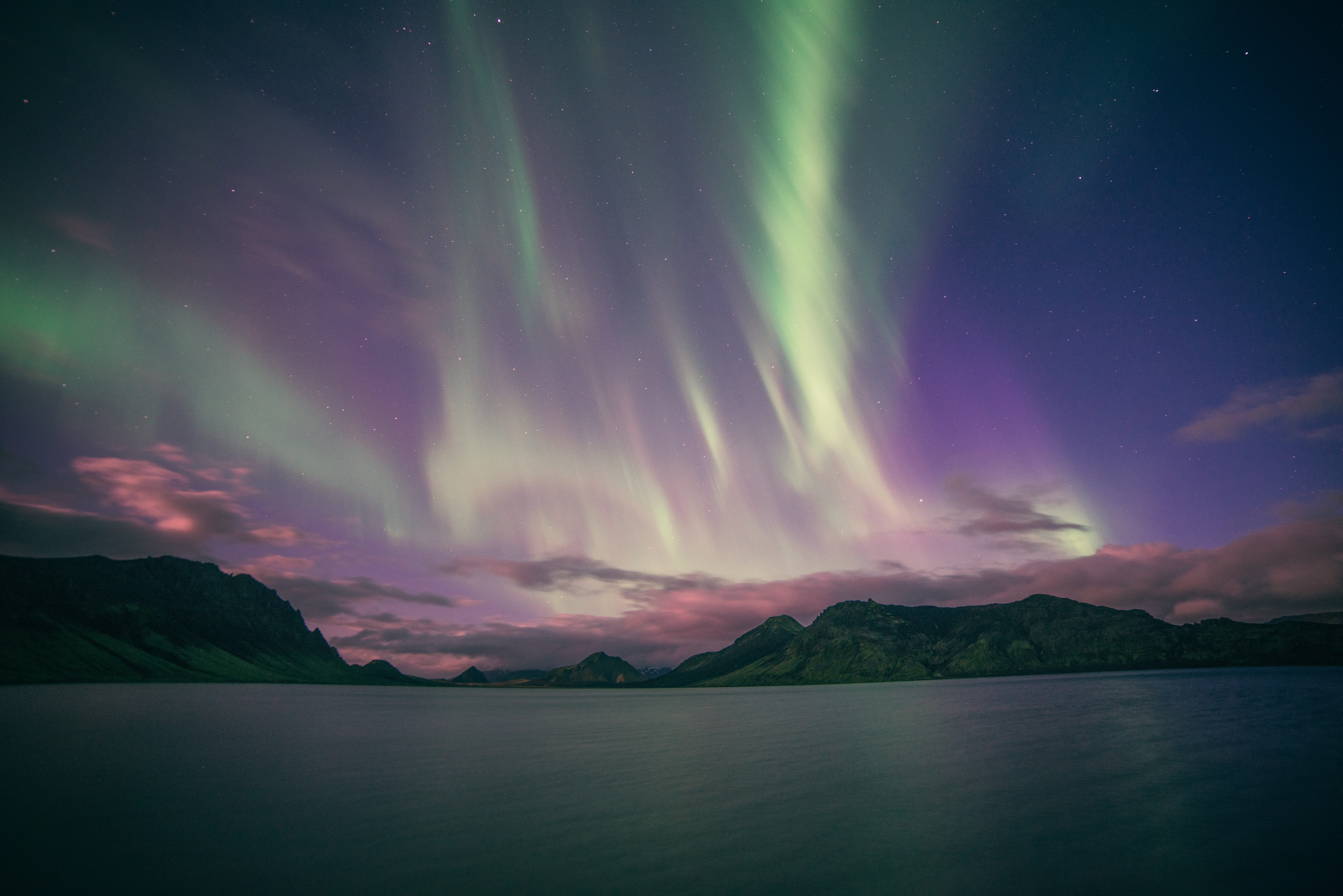 tranquil scene, dramatic sky, lights, landscape, view, ocean, space, northern, tranquility, mountains, 5K, aurora boreali, scenics - nature, northern light, HD Wallpaper