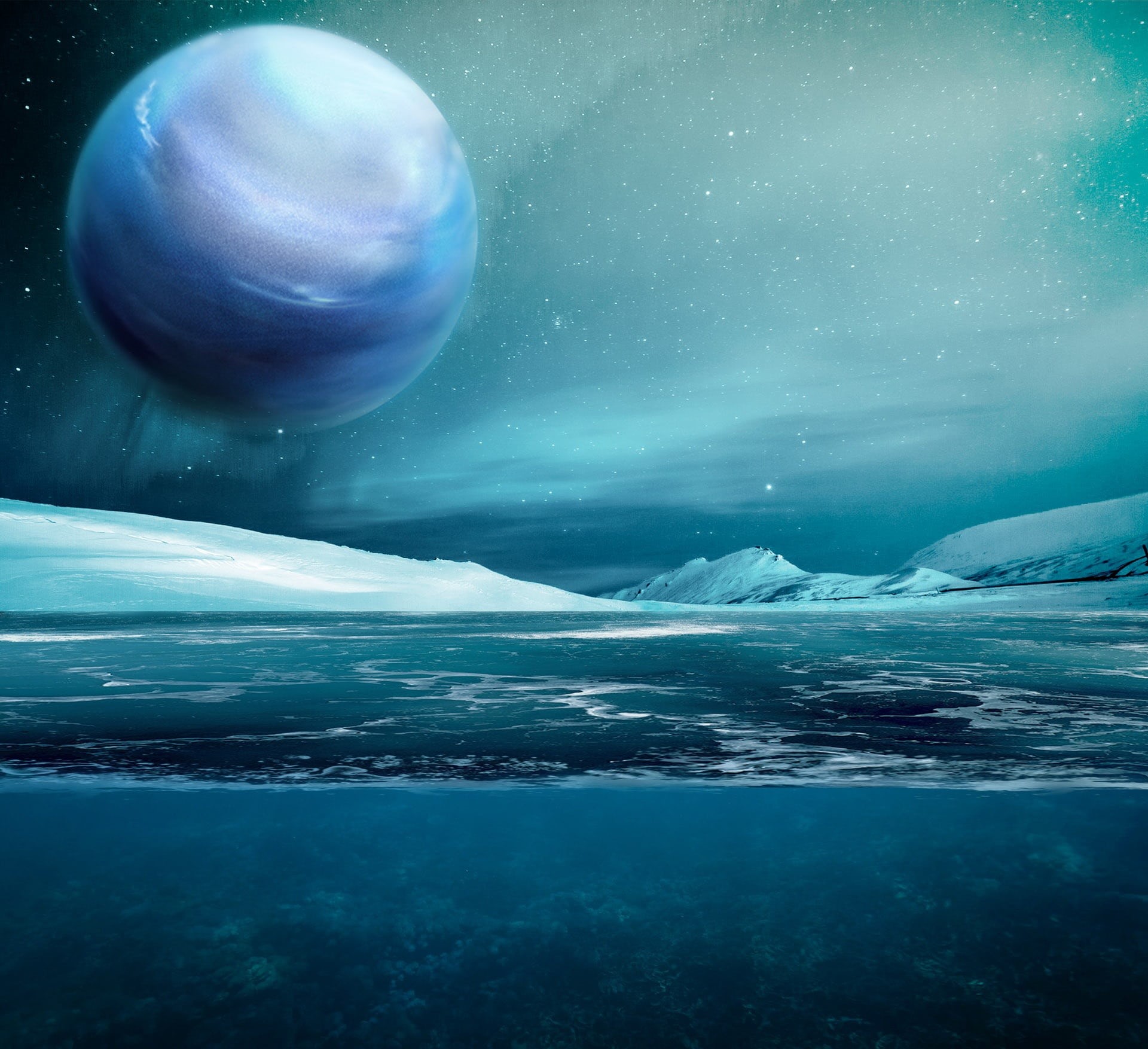 cold temperature, moon, nature, winter, arctic, ocean, planet - space, sky, blue, 1080P, stars, lake, tranquility, landscape, frozen, aurora, unreal, no people, HD Wallpaper