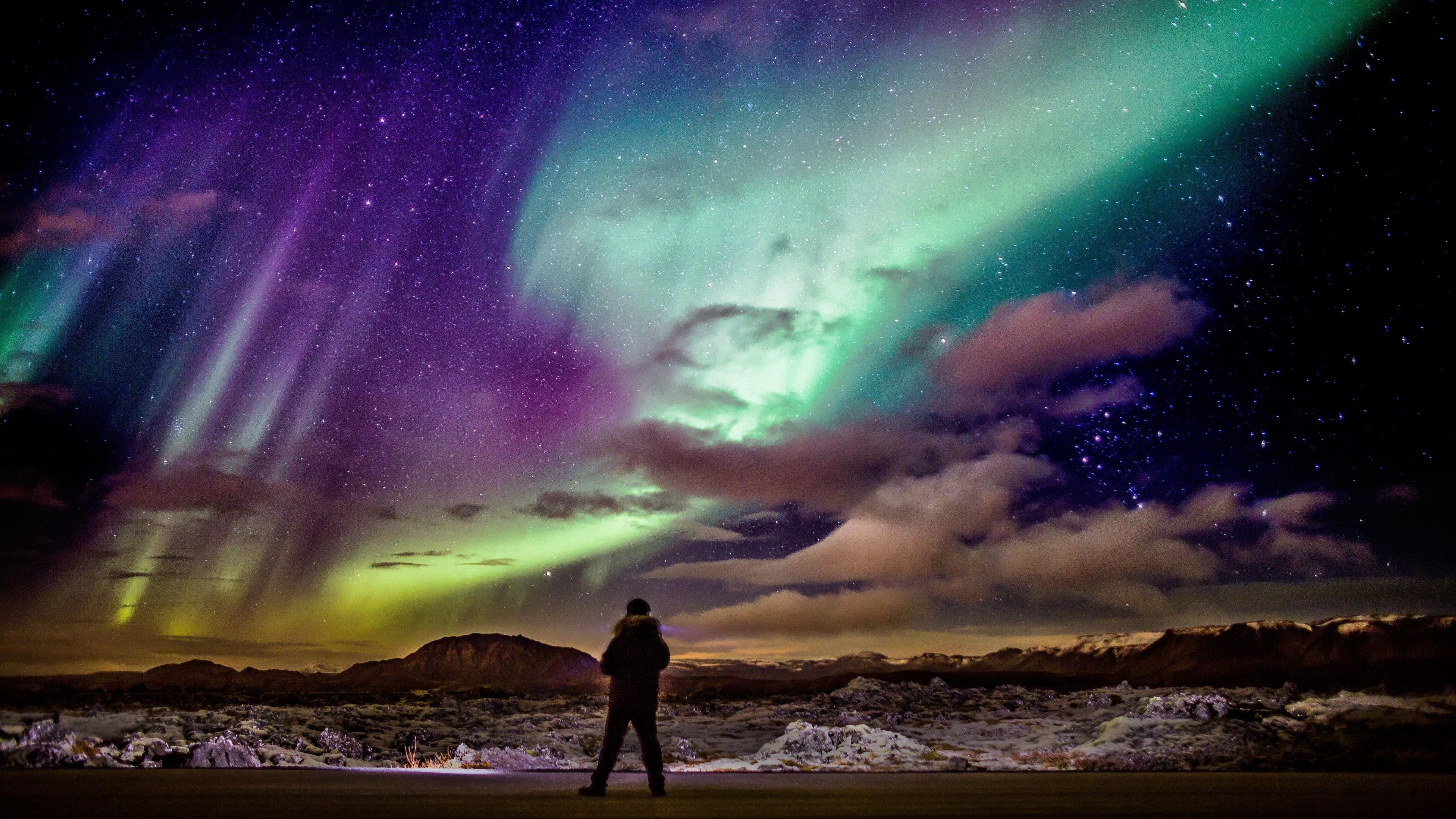 colorful, snow, starry night, dramatic sky, scenics - nature, 4K, aurora polaris, sky, iceland, purple, phenomenon, tranquility, sea, night, galaxy, northern lights, HD Wallpaper