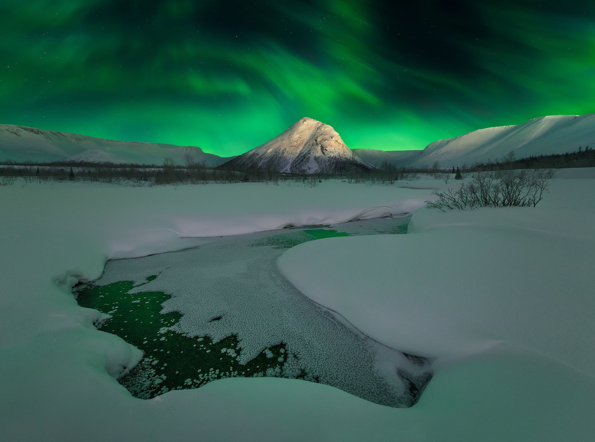 stars, Zhu Xiao, mountains, 1080P, The Kola Peninsula, Kola Peninsula, snow, Polar lights, Aurora, HD Wallpaper