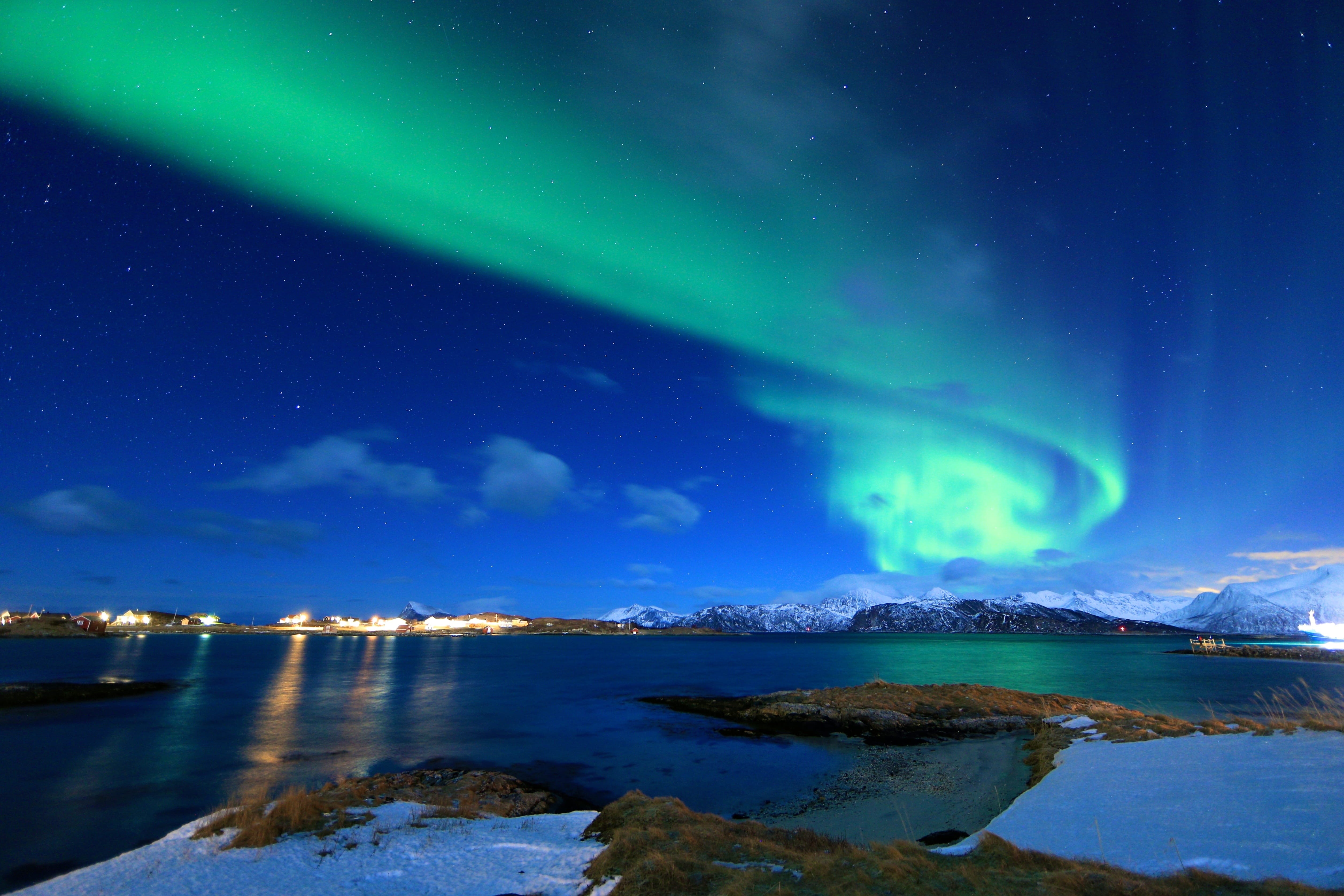 night, beach, scenics, tranquil scene, scandinavia, outdoors, winter, nature, landscape, beauty In Nature, 4K, reflection, lights, idyllic, star - space, HD Wallpaper