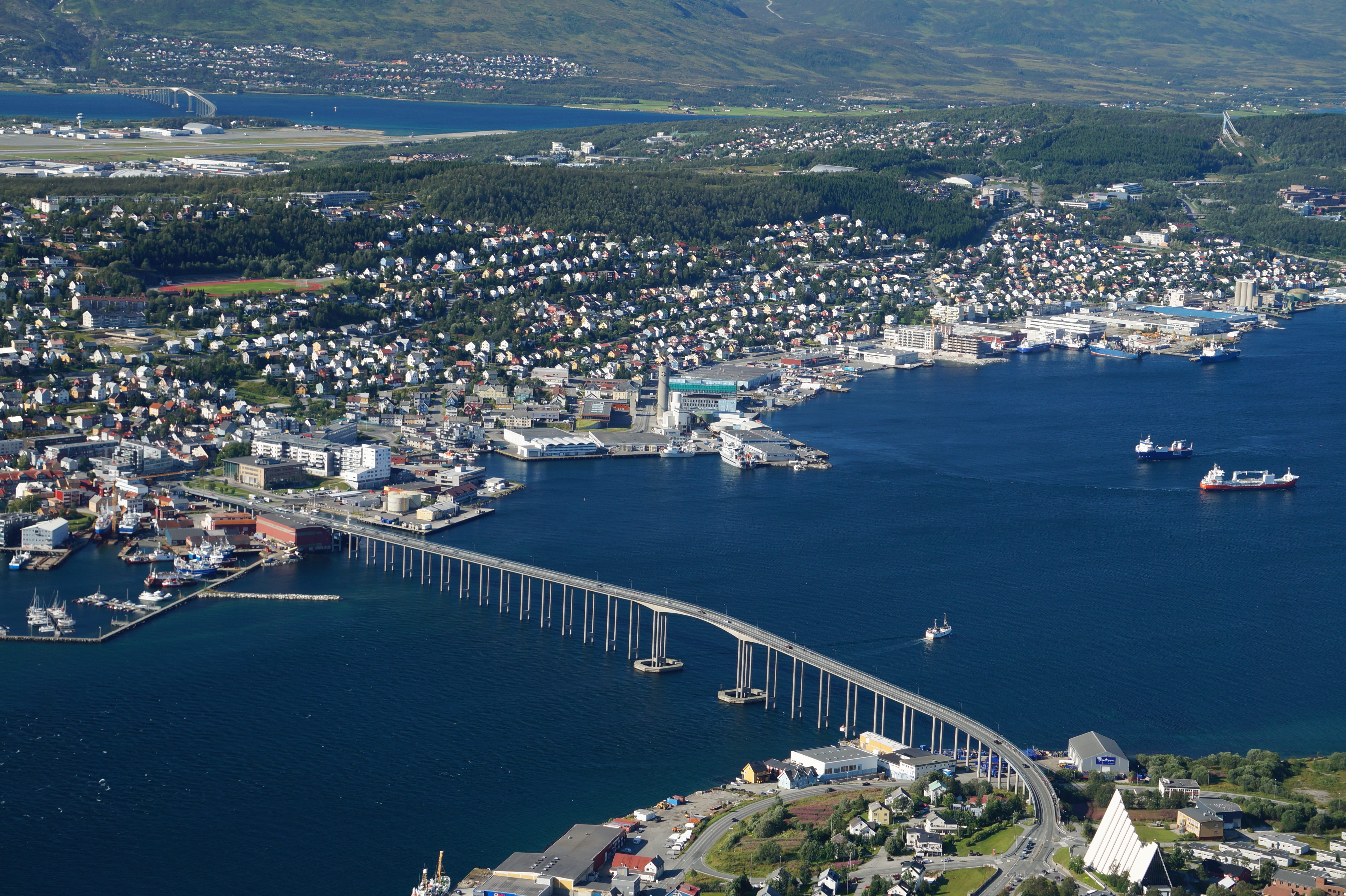 cityscape, no people, building, transportation, View, architecture, travel, City, Tromso Bridge, residential district, city, built structure, building exterior, HD Wallpaper