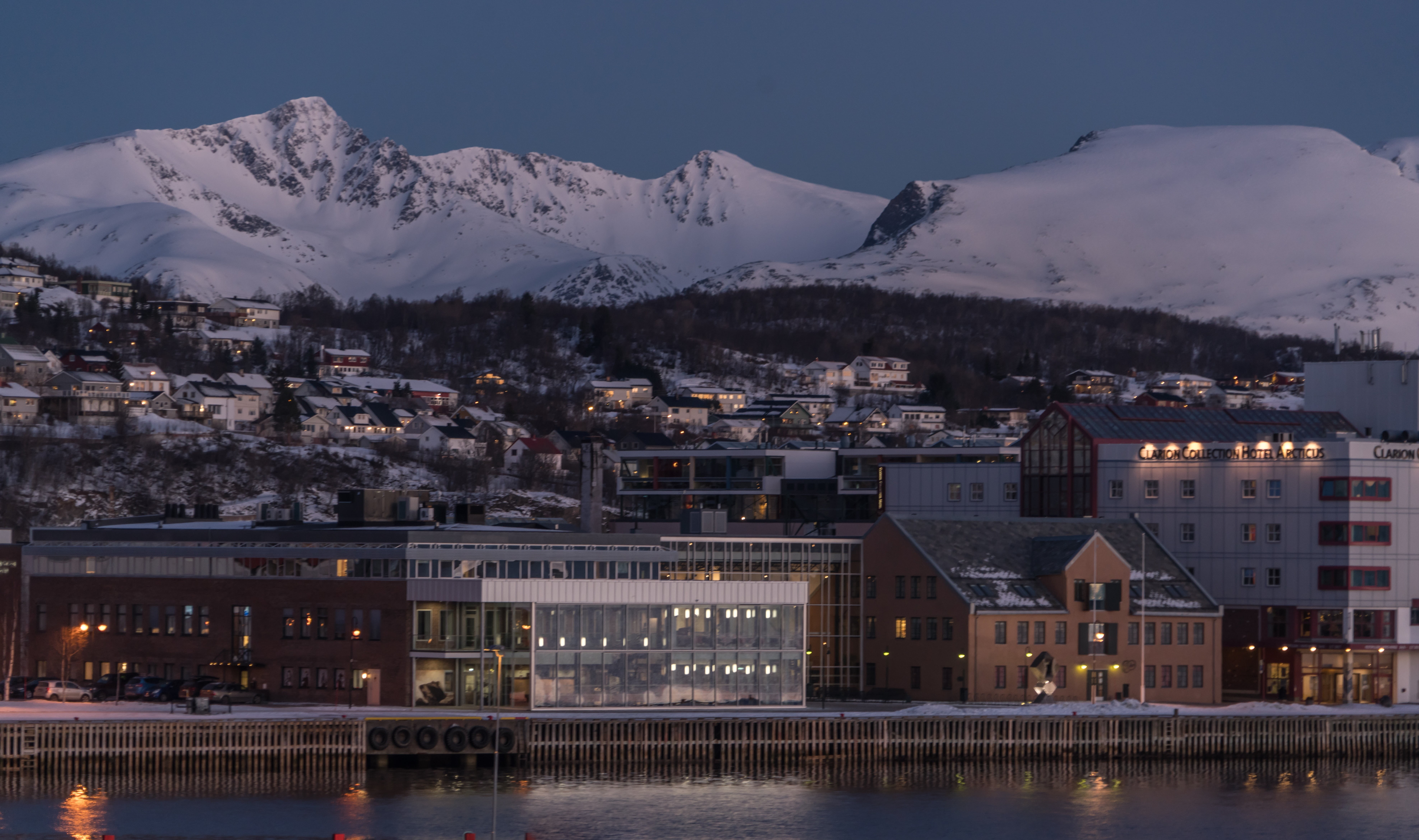 snow, outdoors, winter, city, built structure, building exterior, landscape, snowcapped mountain, cityscape, norway, house, tromso, dark, water, scandinavia, HD Wallpaper