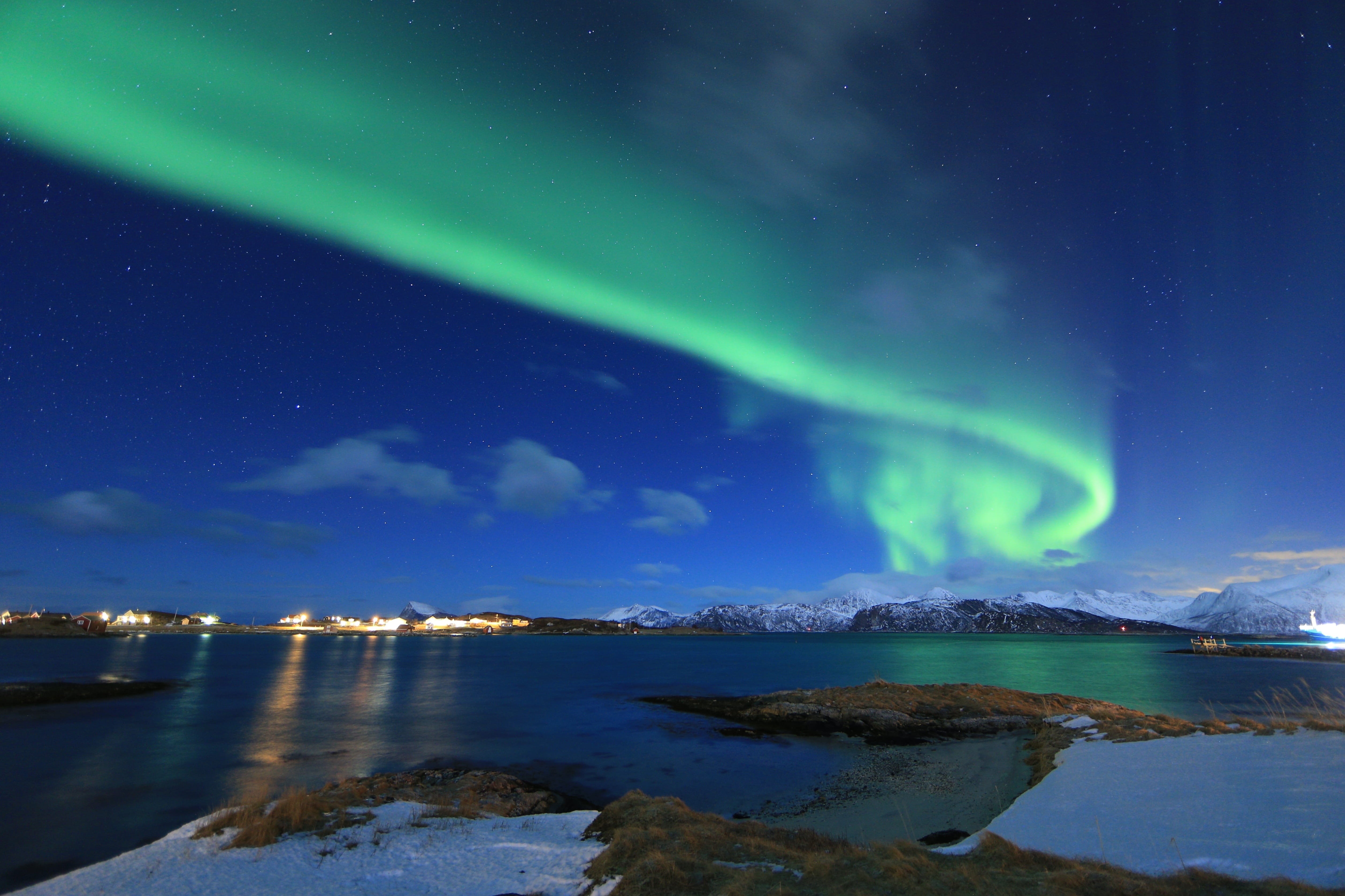space, light - natural phenomenon, water, Borealis, night, environment, nature, tranquility, aurora, green, scandinavia, Northern Light, green color, Norway, HD Wallpaper