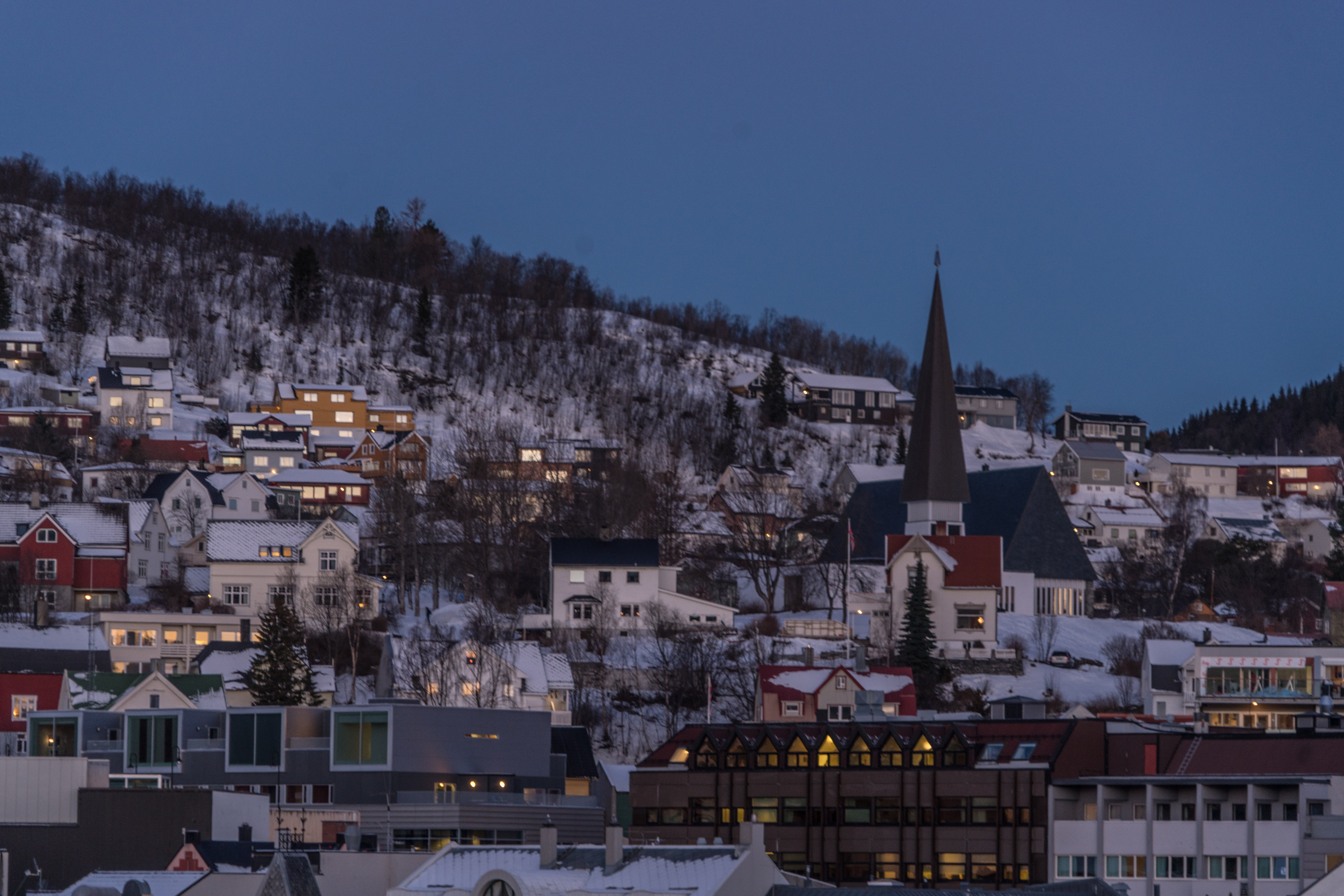 cityscape, outdoors, scenic, residential district, evening, norwegian, dusk, norway, day, high angle view, snow, settlement, house, city, building, tromso, HD Wallpaper