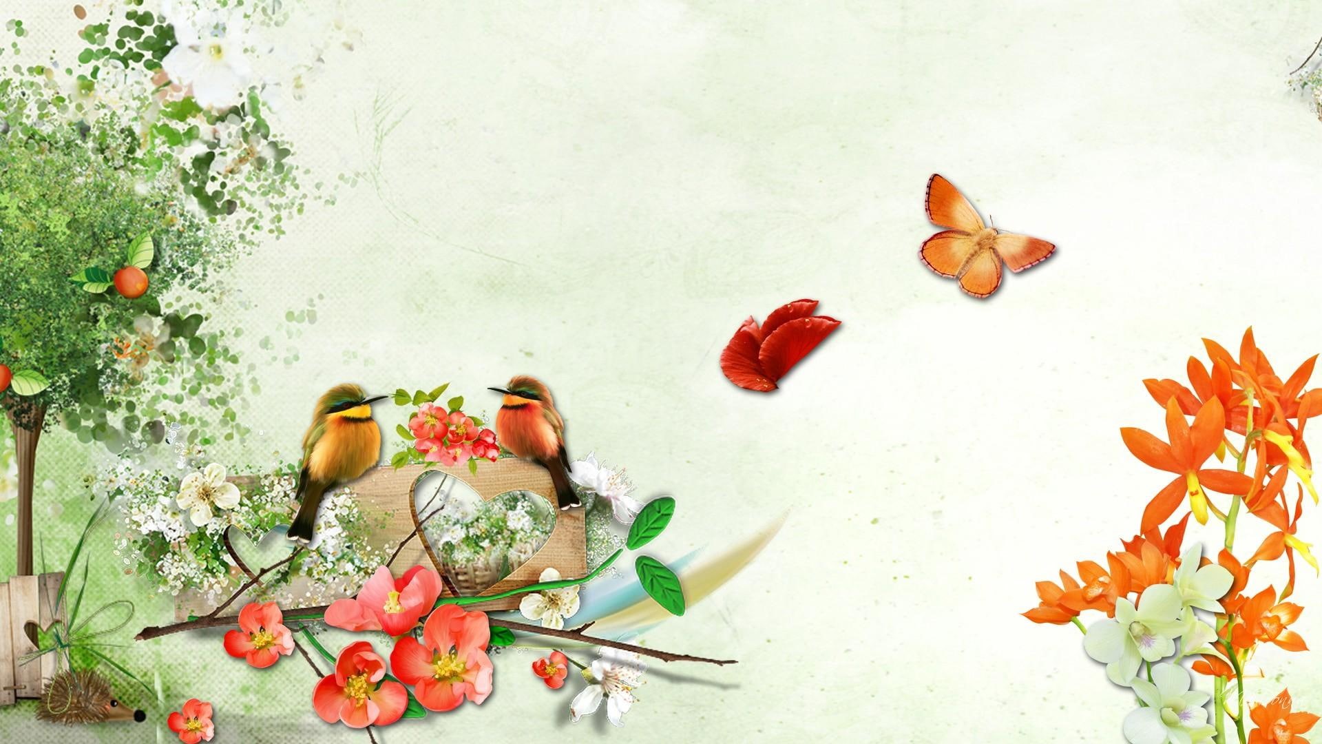 wonder, 1080P, animals, flowers, butterflies, summer, tree, heart, firefox persona, little, spring, birds, HD Wallpaper