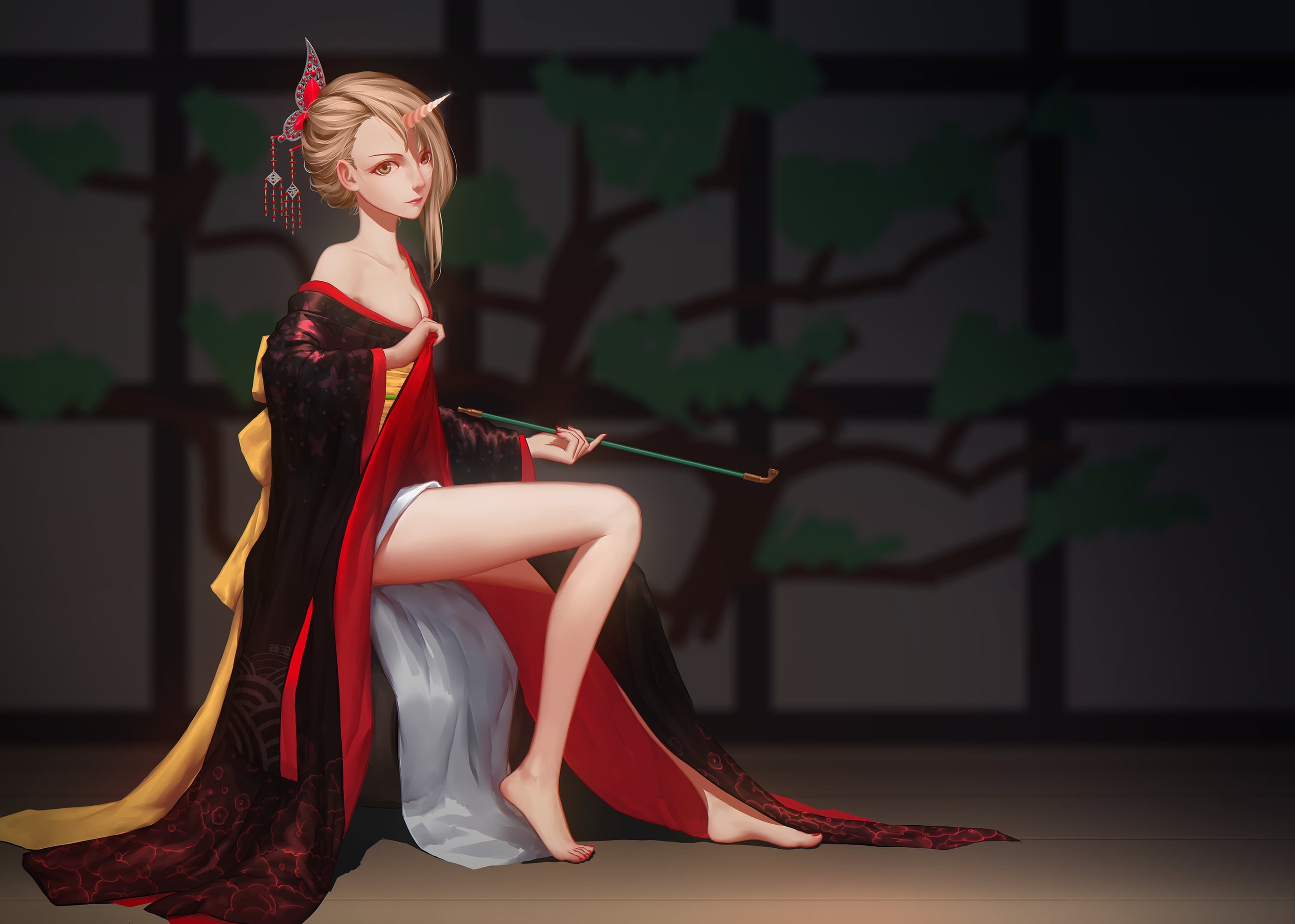 kimono, hairstyle, sitting, young women, fashion, lifestyles, young adult, traditional clothing, side view, 2K, adult, women, beauty, clothing, indoors, HD Wallpaper