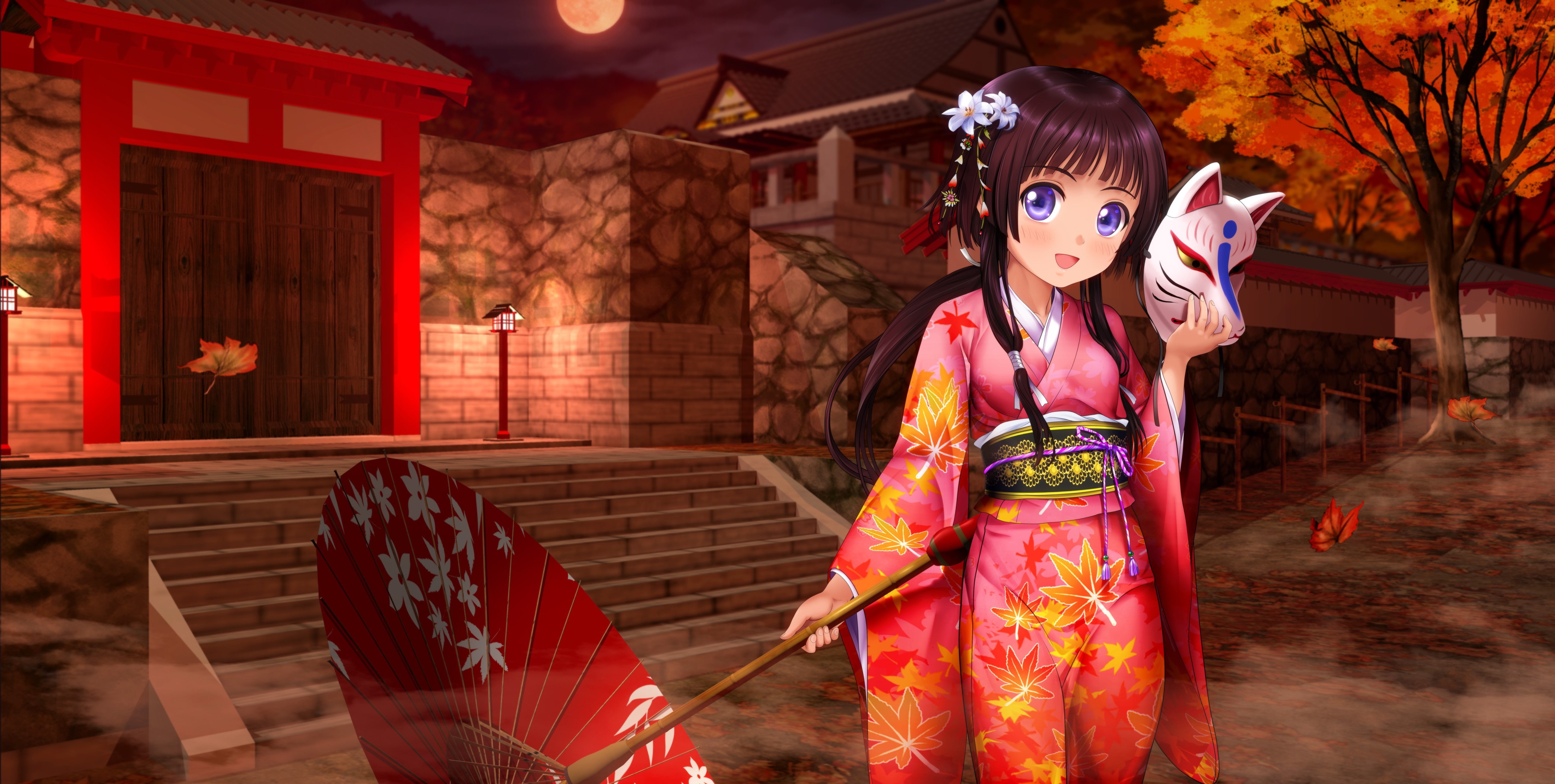 nature, traditional clothing, clothing, original characters, robe, young adult, adult, 5K, anime, costume, outdoors, women, young women, mask, architecture, HD Wallpaper