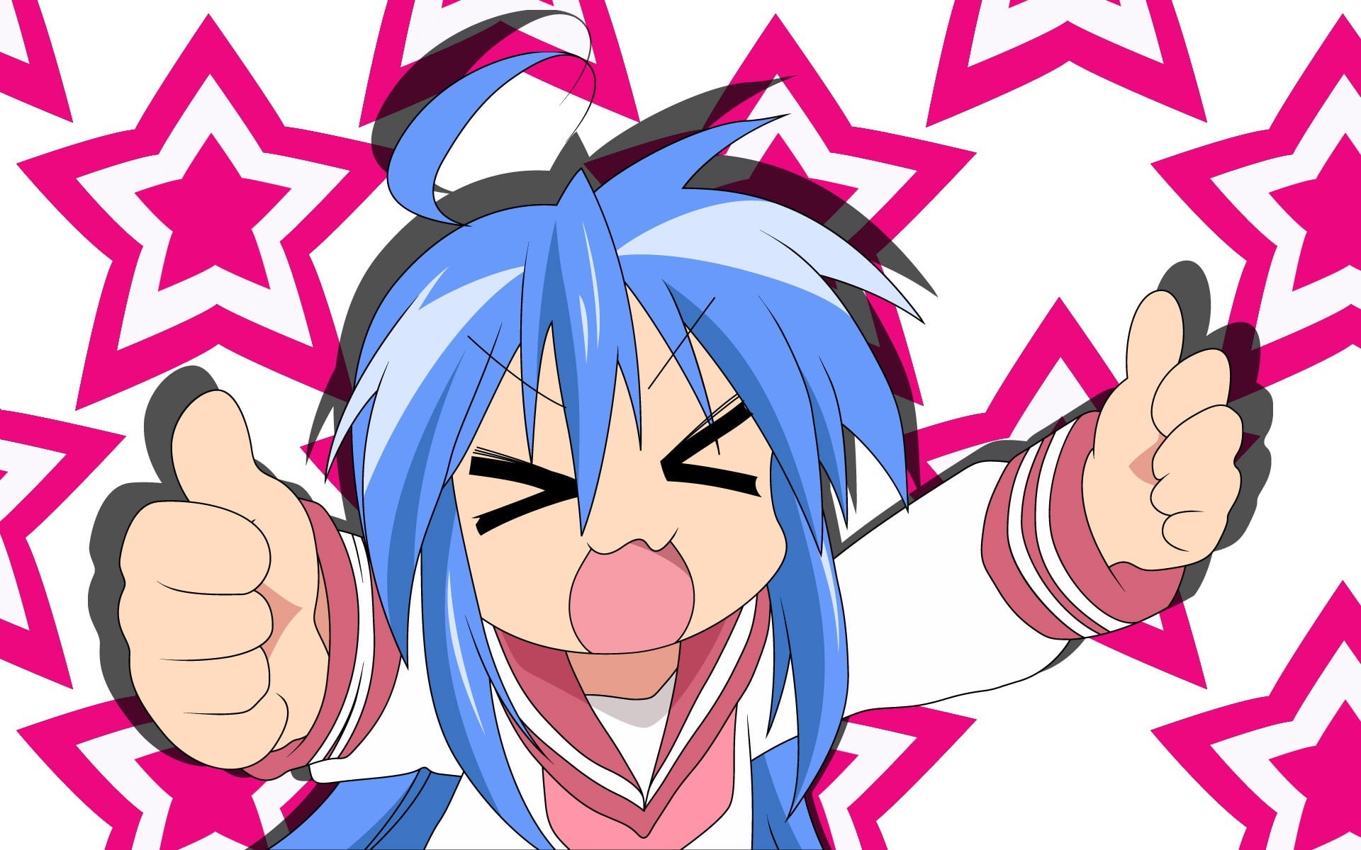 Izumi Konata, design, blue, creativity, close-up, Lucky Star, art and craft, 1080P, anime girls, sign, multi colored, glass, still life, red, indoors, HD Wallpaper