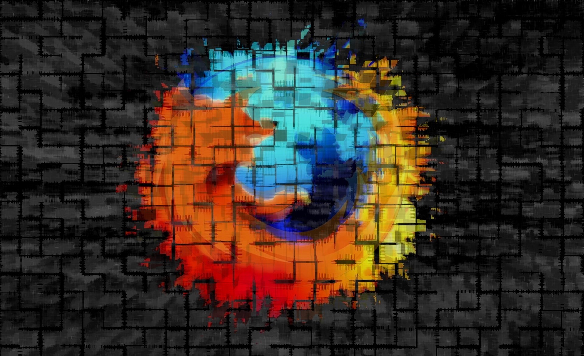 design, yellow, motion, brick wall, mozilla, creativity, shape, art and craft, firefox 4, indoors, brick, no people, pattern, 1080P, digital composite, HD Wallpaper