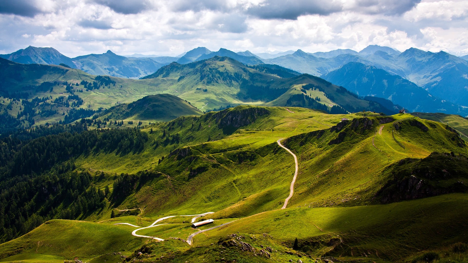 poster, valley, idyllic, rural Scene, remote, springtime, cloud - Sky, outdoors, journey, sunlight, beauty In Nature, dolomites, nature, blue, tree, environment, HD Wallpaper