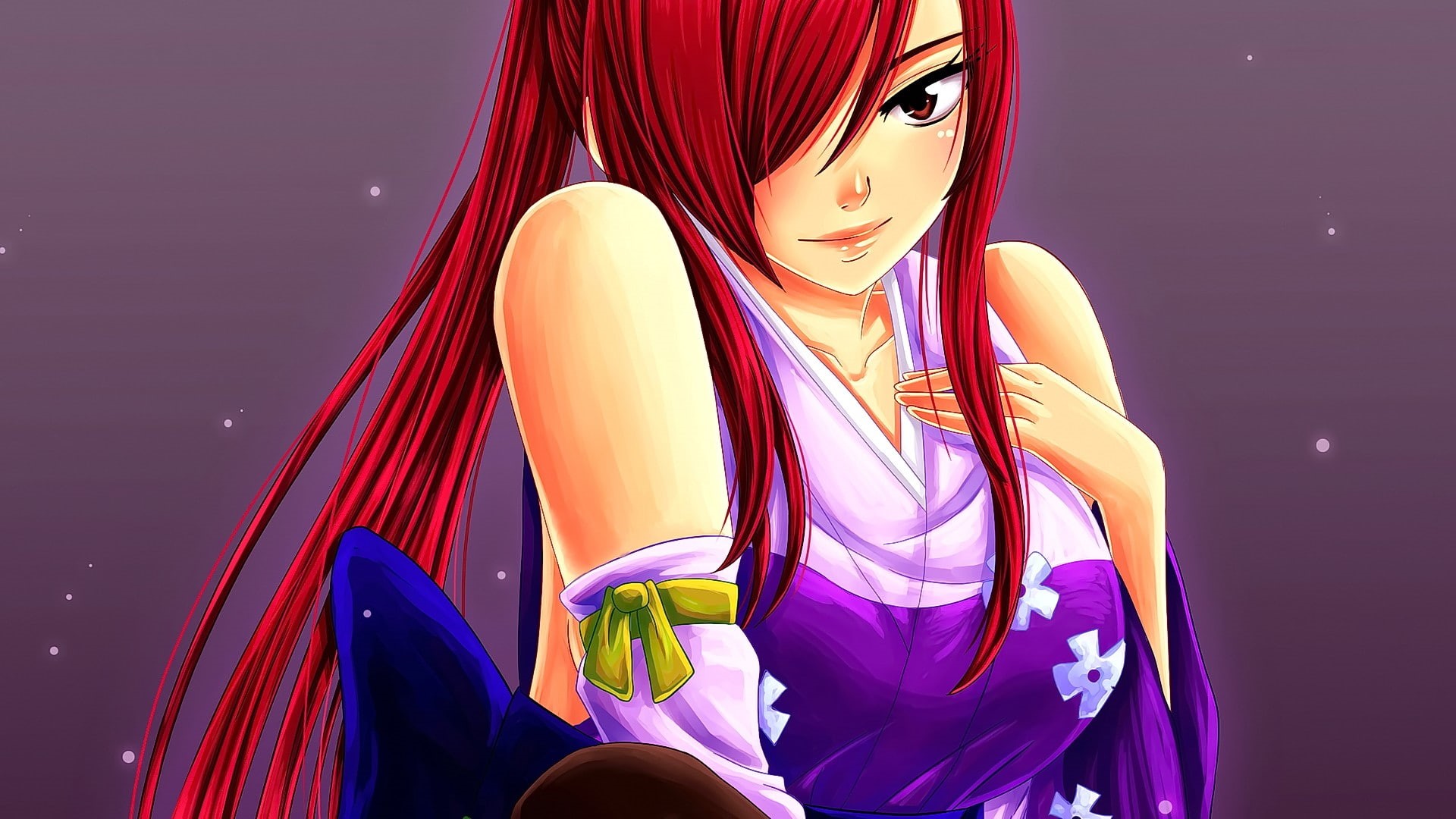 portrait, clothing, Fairy Tail, studio shot, red, looking away, colored background, women, purple, anime, adult, human body part, front view, hairstyle, HD Wallpaper