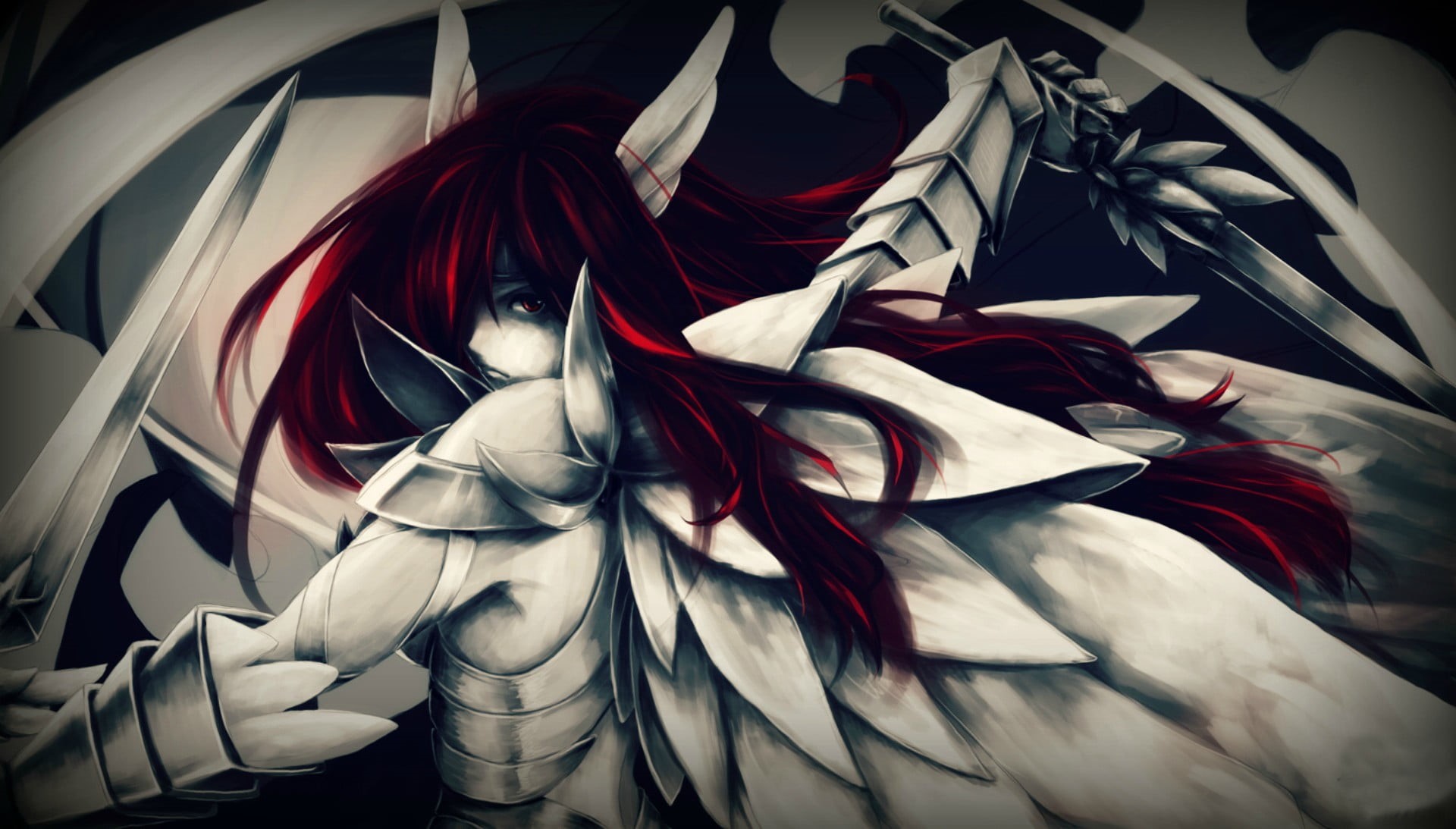 1080P, day, no people, Fairy Tail, red, studio shot, Scarlet Erza, scarlet, close-up, pattern, erza, selective coloring, art and craft, nature, HD Wallpaper