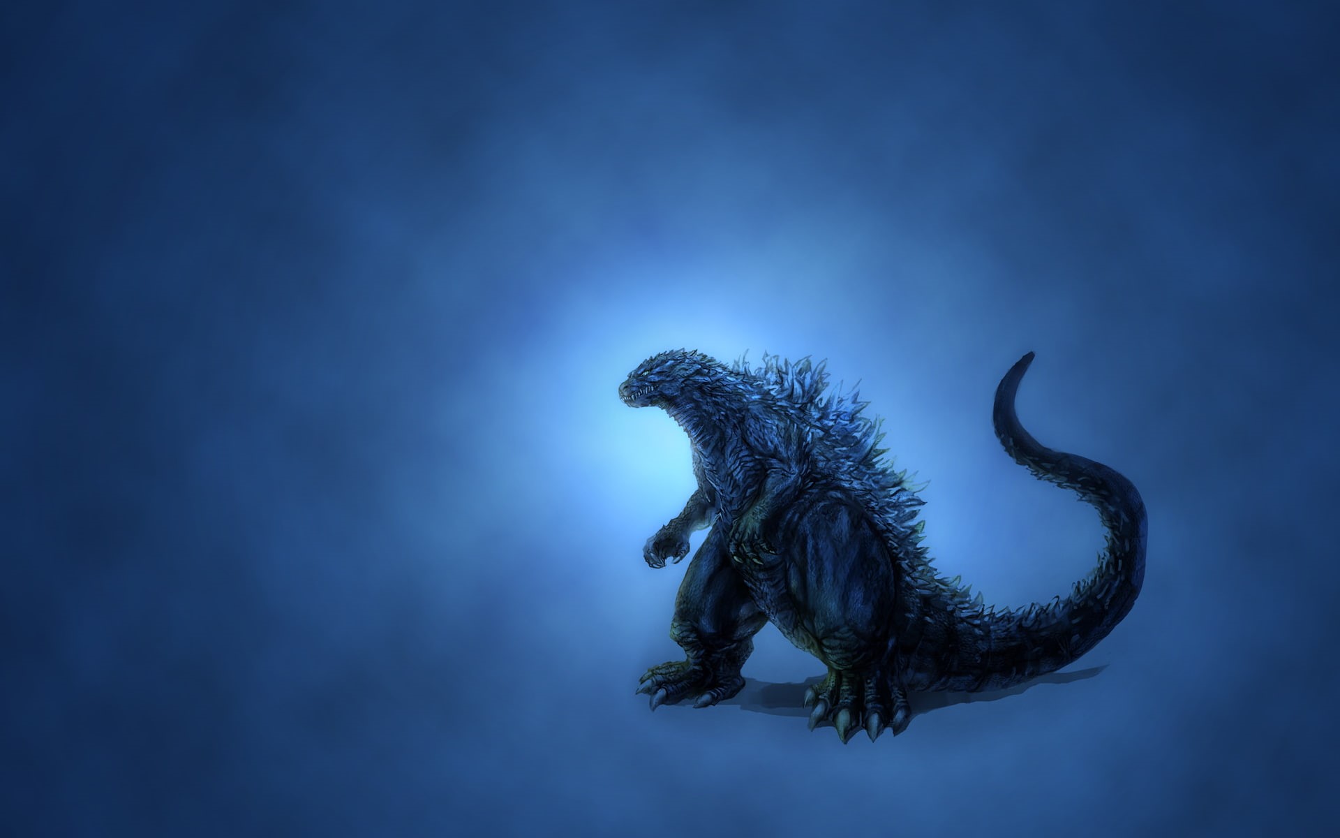 1080P, dinosaur, blue background, Godzilla, minimalism, darkish, glow, HD Wallpaper