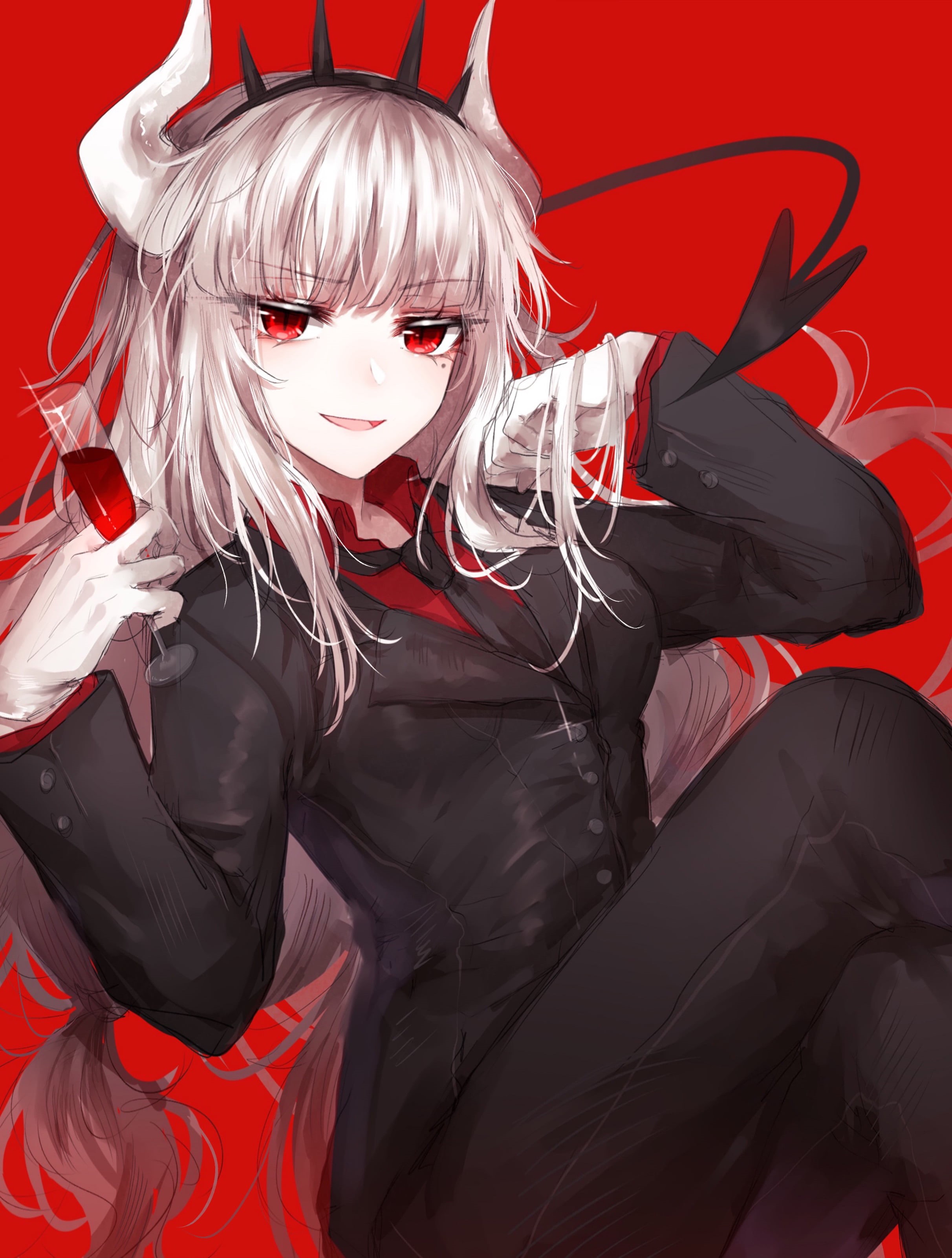 Helltaker, anime girls, 2K, Lucifer (Helltaker), red eyes, white hair, Phone HD Wallpaper