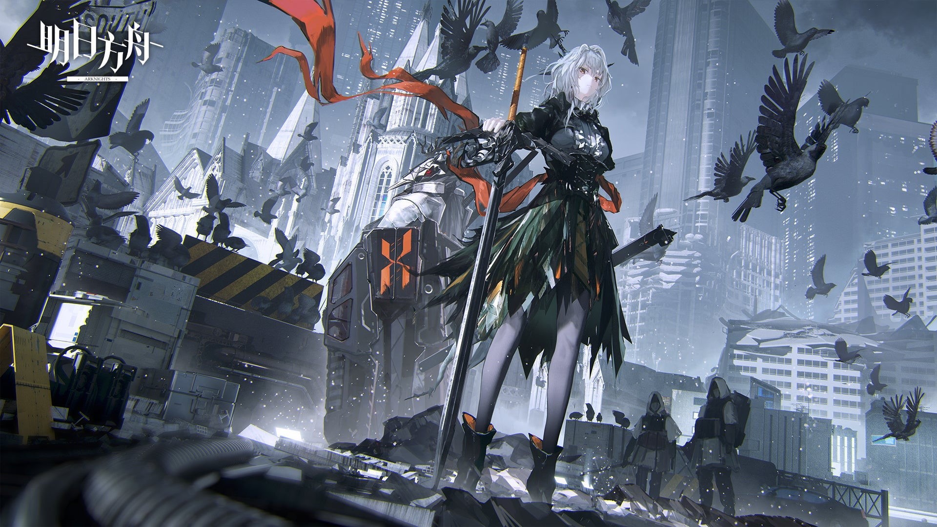1080P, ruins, church, city, standing, video game characters, Patriot(Arknights), horns, black dress, video games, low-angle, white hair, sword, mist, Talulah(Arknights), HD Wallpaper