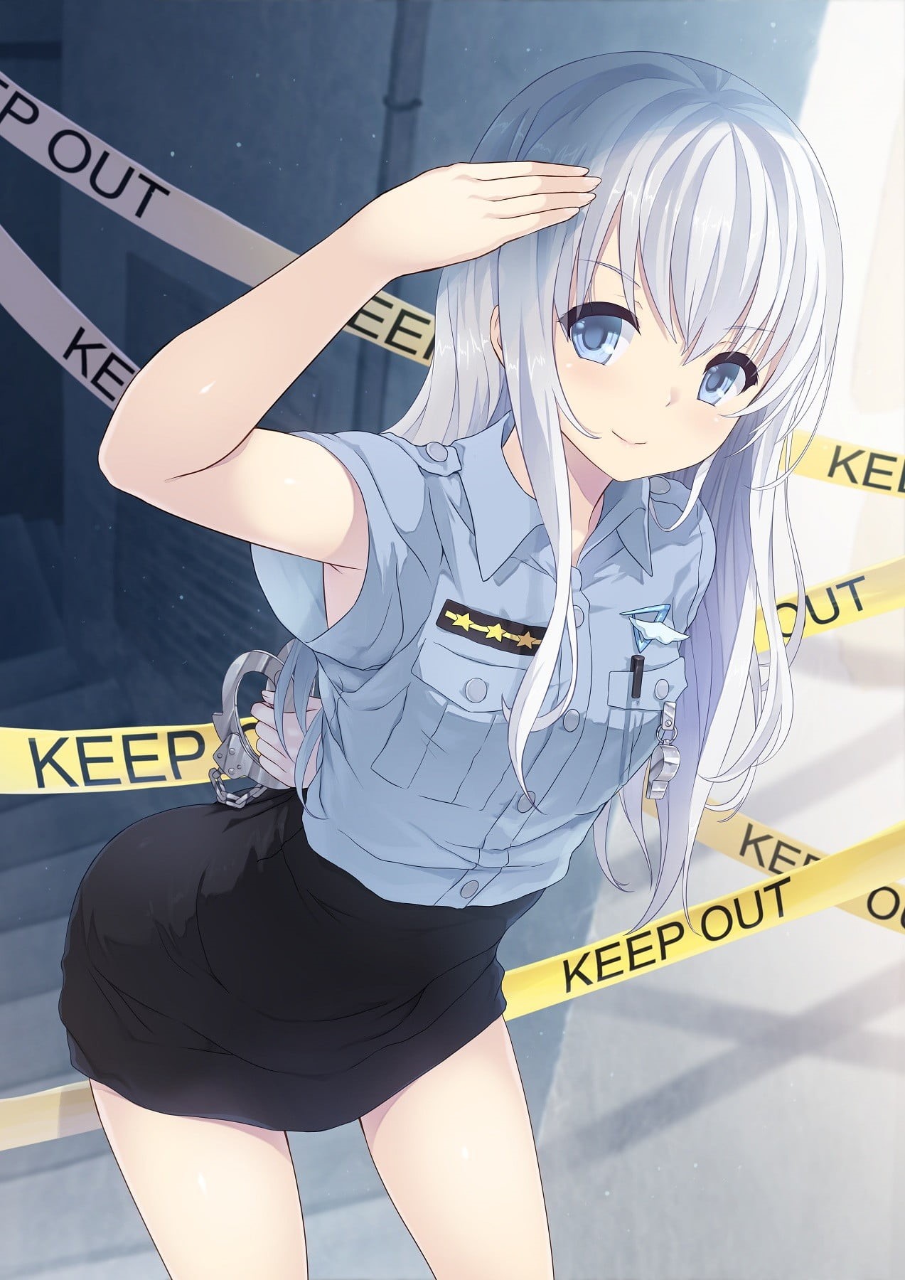 human arm, anime girls, human body part, adult, human leg, text, anime, gray hair, occupation, sign, blue eyes, three quarter length, limb, original characters, Phone HD Wallpaper