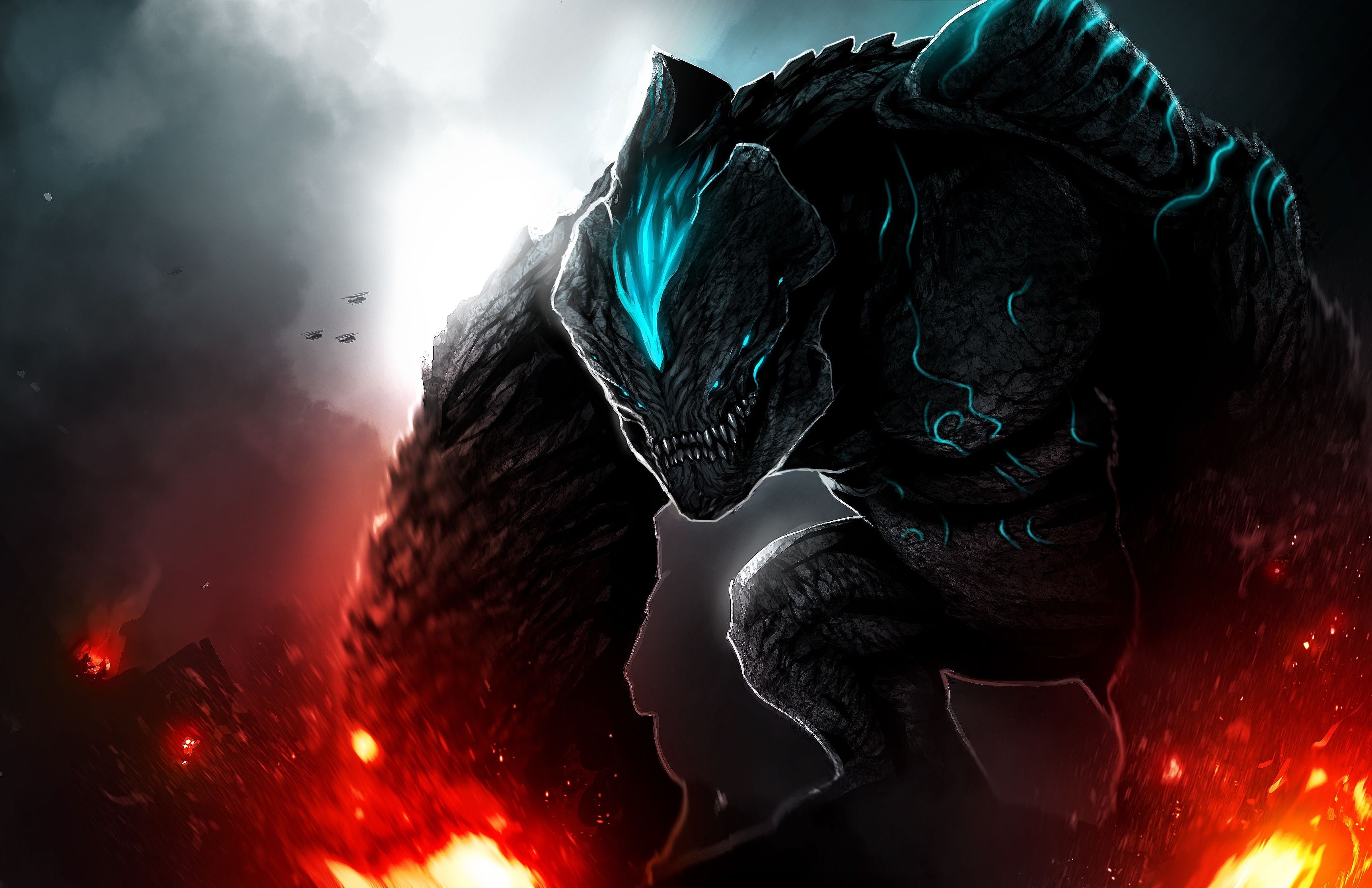Pacific Rim, 2K, motion, sculpture, Leather Back (Pacific Rim), animal representation, art and craft, kaiju, night, nature, outdoors, fire, heat - temperature, HD Wallpaper