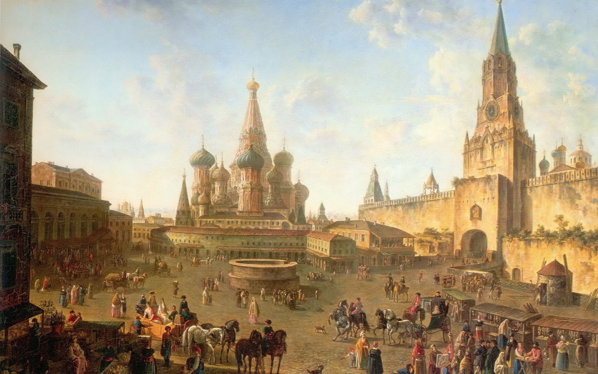 architecture, cropped, outdoors, concrete, crowd, tourism, Fyodor Alekseyev, painting, women, real people, men, Moscow, Russia, built structure, ancient civilization, HD Wallpaper