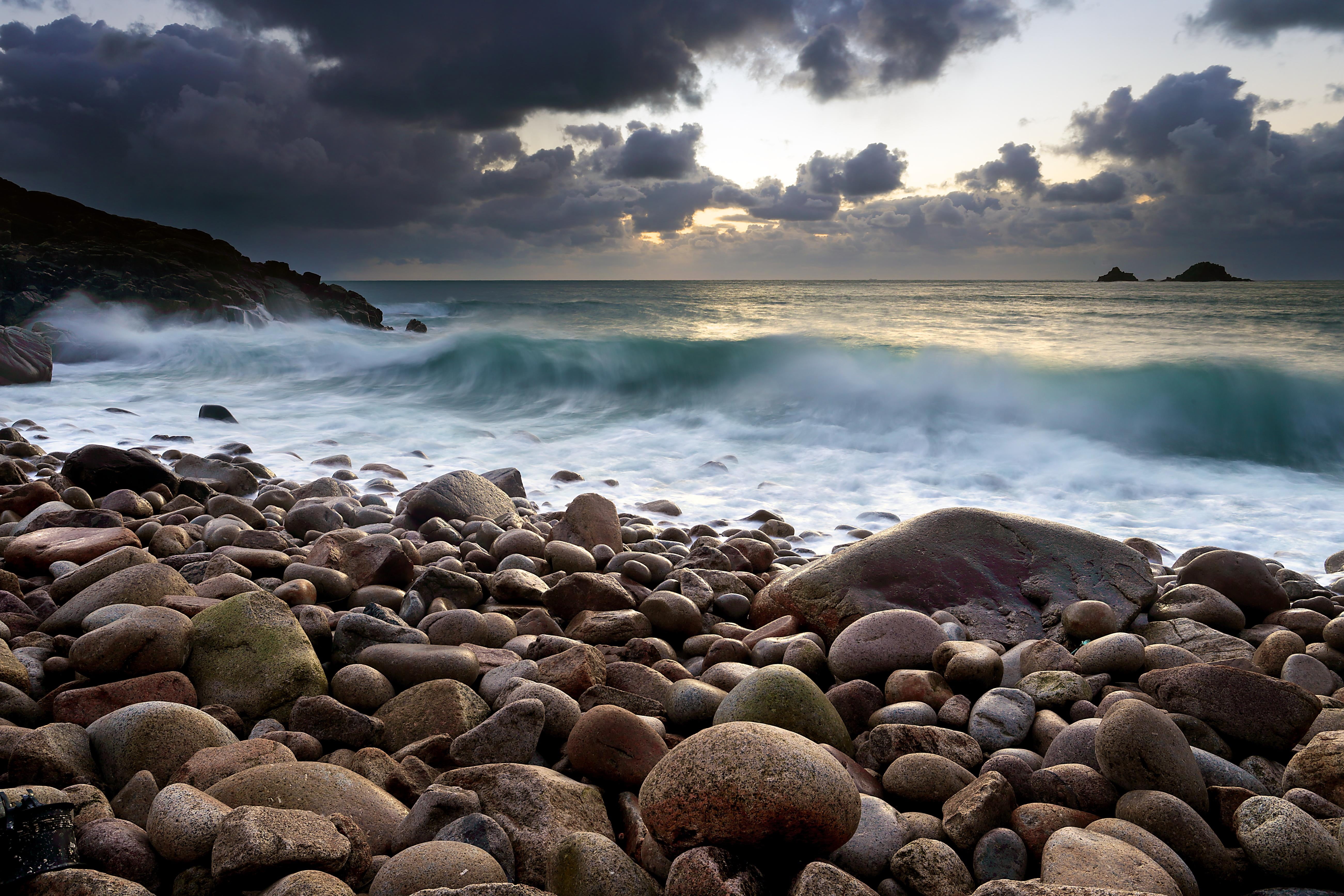 sea, daytime, nature, body of water, Porth Nanven, waves, beach, wave, stones, seascape, rocks, body, scenics, sunset, clouds, coastline, water, 5K, Cornwall, HD Wallpaper