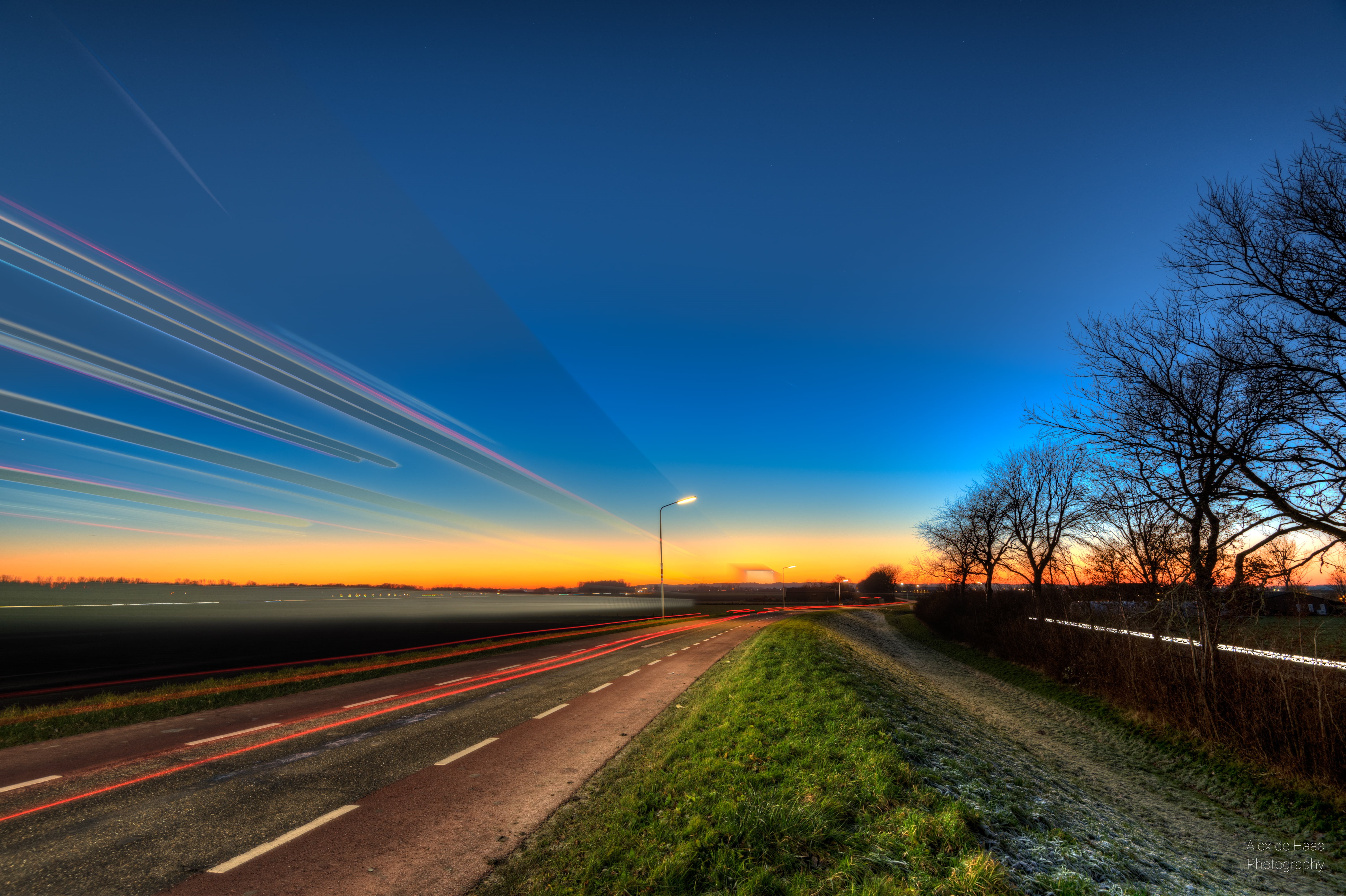 calm weather, street, Light.  time, Nederlands, transportation, traces, long exposure, vlak, boom, winter, sky, beautiful, bare trees, traffic, blue, landscape, HD Wallpaper